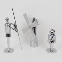 Don Quixote Sancho Panza and Windmill Machine Age Chrome Sculpture, a Trio