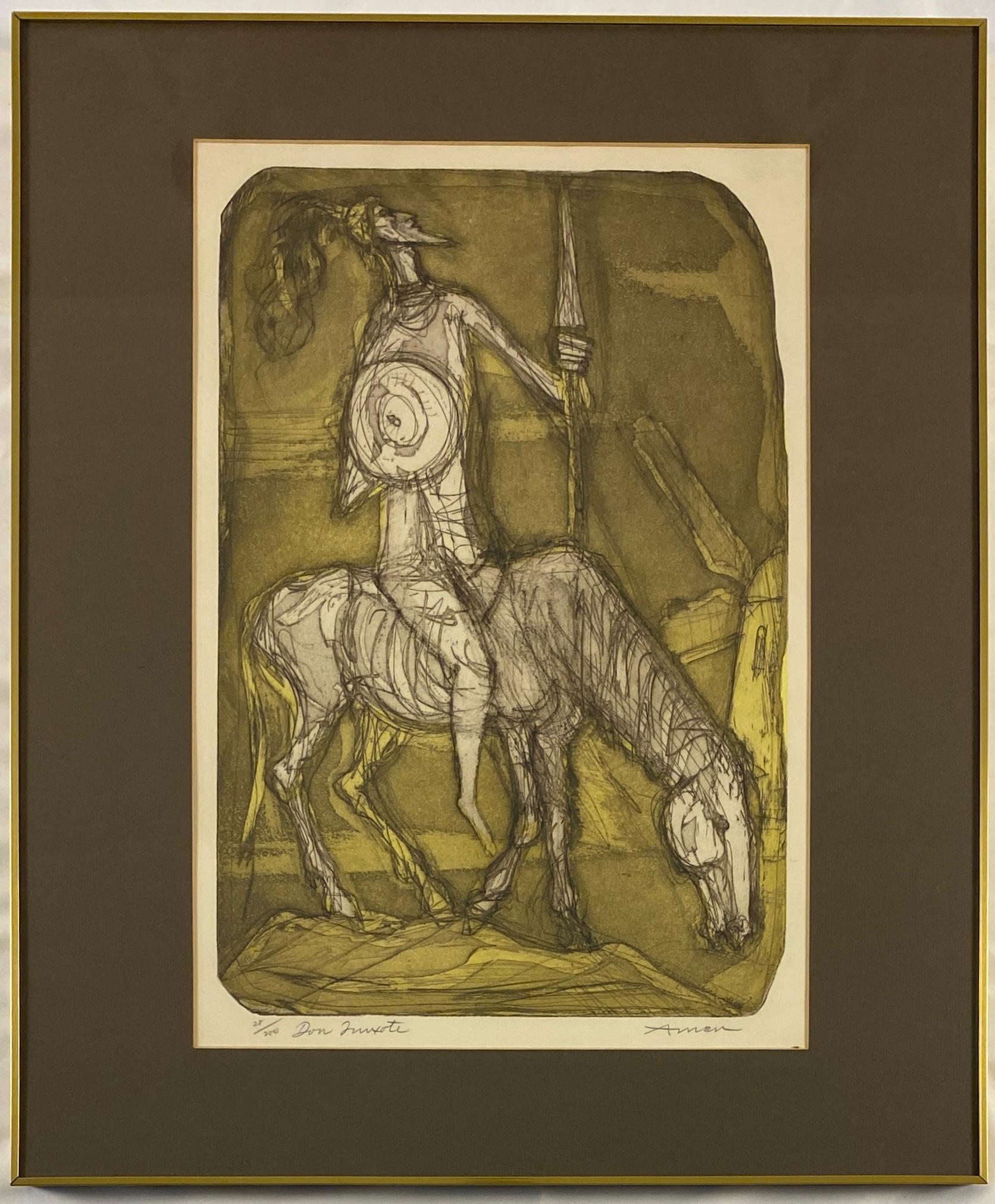 Don Quixote Art.
Don Quixote Signed Lithograph in the manner of Pablo Picasso by Irving Amen. 
Pencil signed by the artist, number 28/200.

This fine quality contemporary and decorative artwork would enhance any setting. Measures: 20 1/4