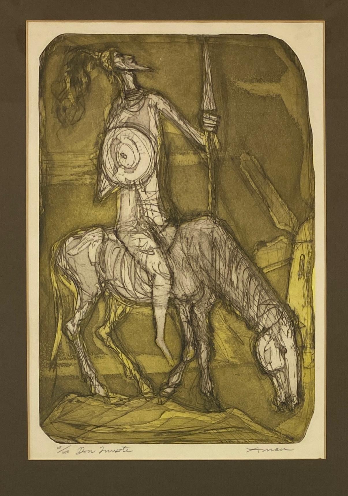 Paper Don Quixote Signed Lithograph in the manner of Pablo Picasso by Irving Amen
