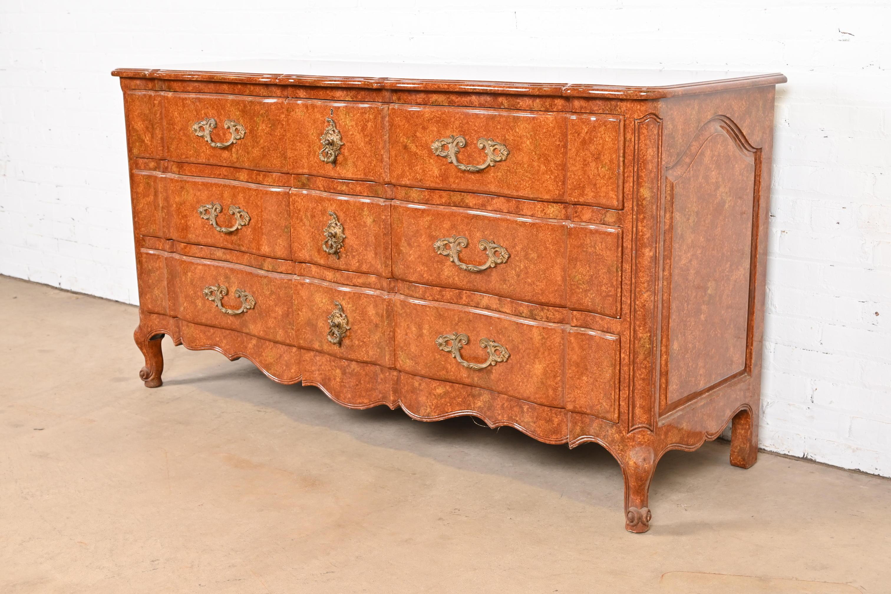 American Don Ruseau French Provincial Louis XV Faux Burl Wood Painted Triple Dresser For Sale
