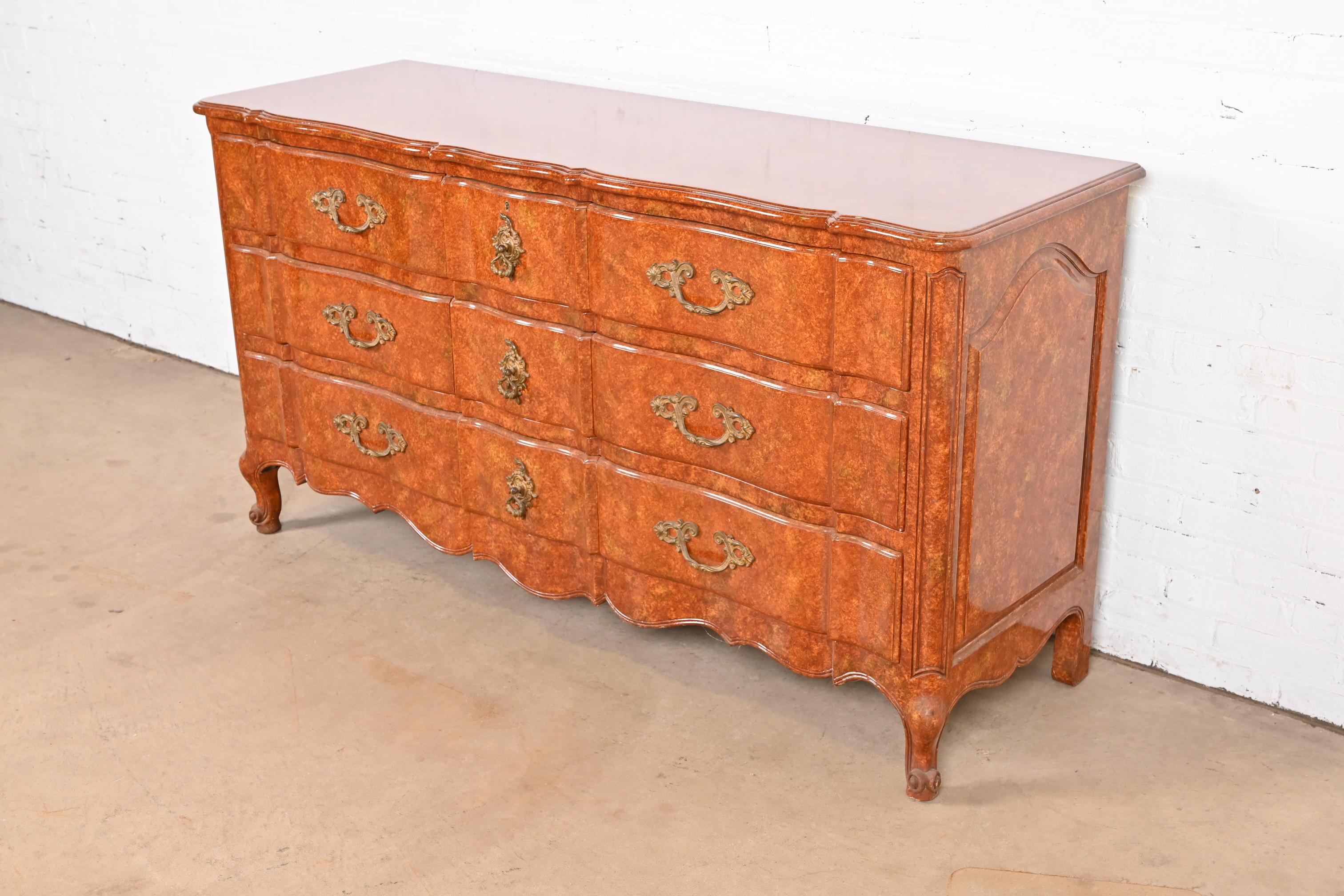 Don Ruseau French Provincial Louis XV Faux Burl Wood Painted Triple Dresser In Good Condition For Sale In South Bend, IN