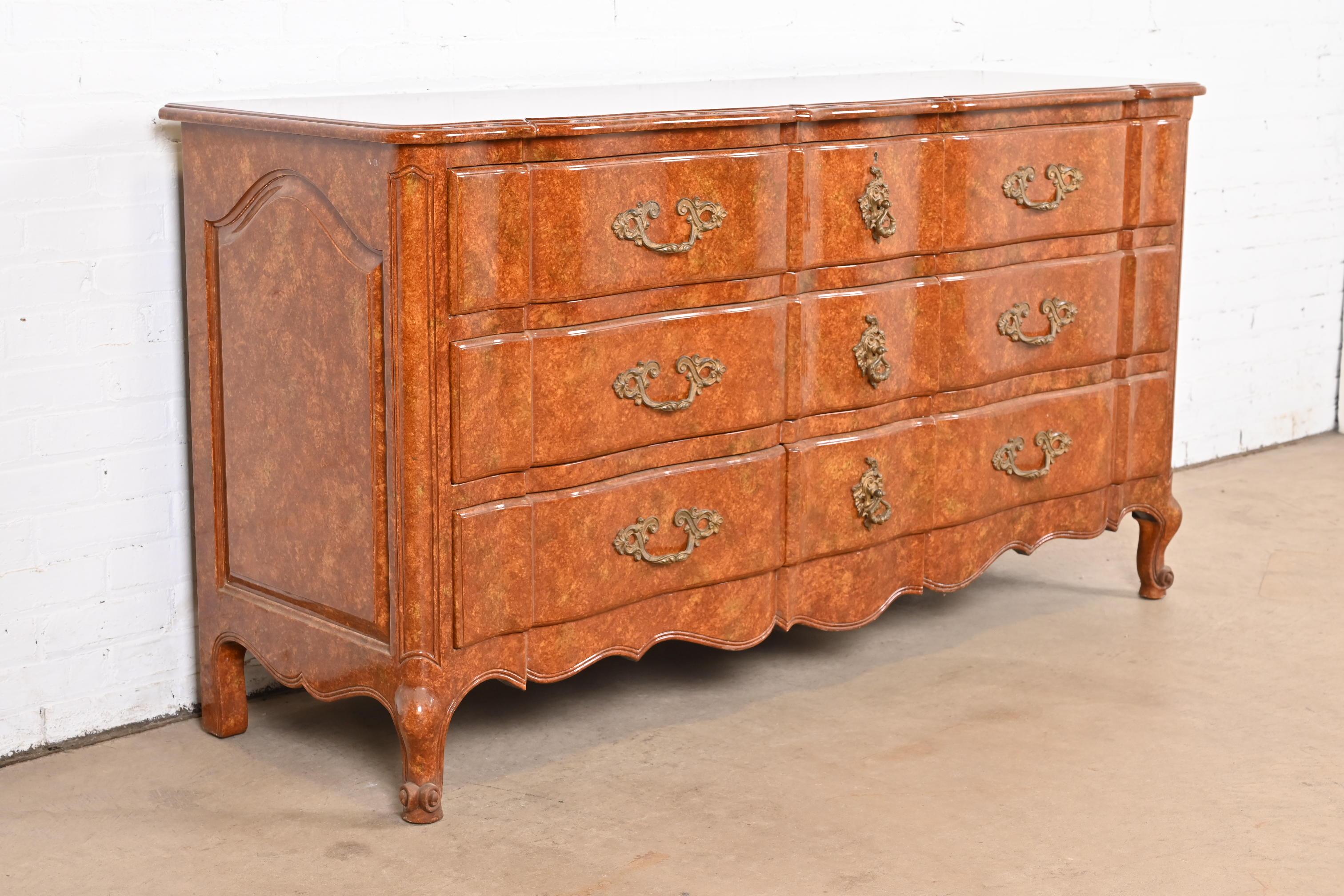 20th Century Don Ruseau French Provincial Louis XV Faux Burl Wood Painted Triple Dresser For Sale