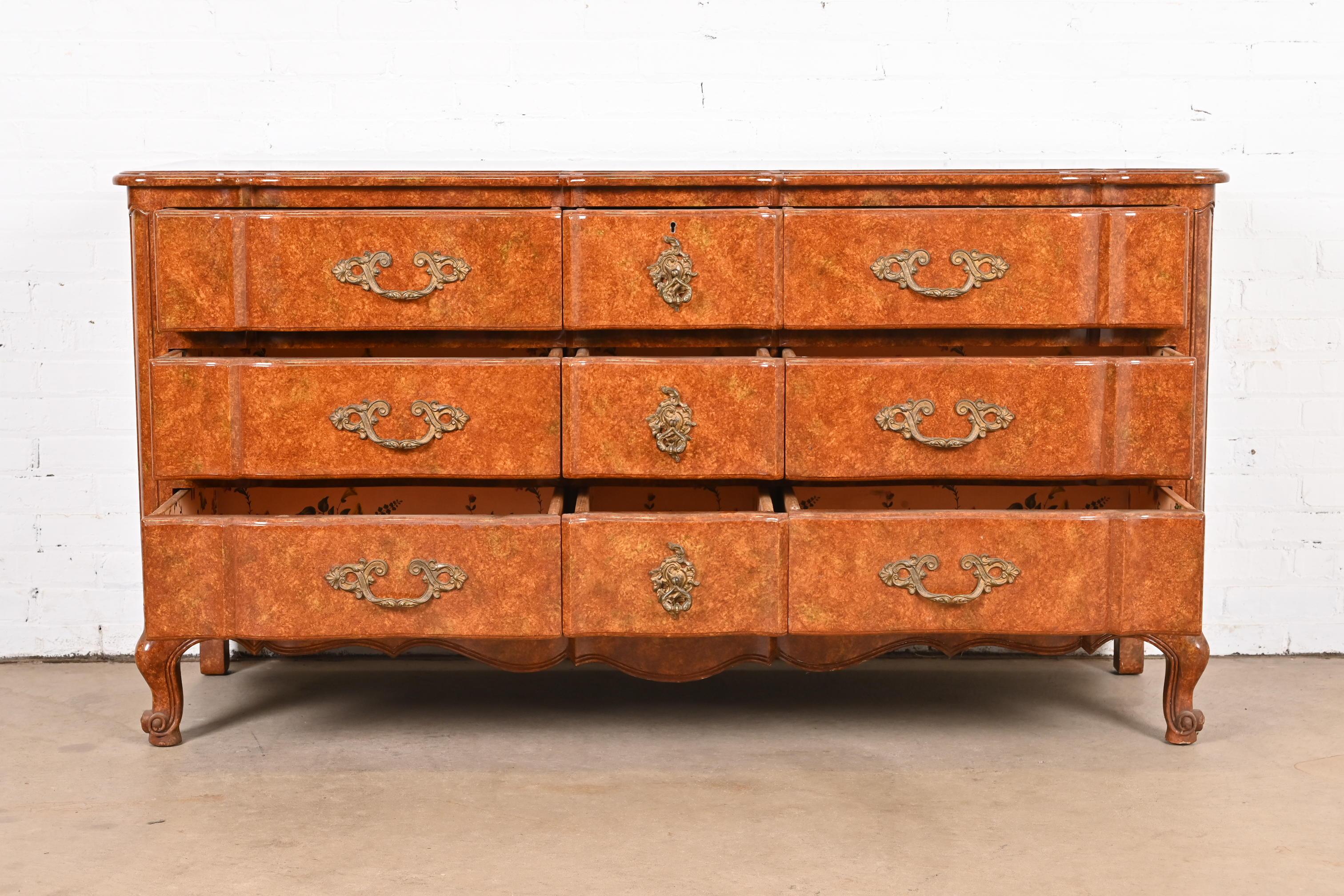 Don Ruseau French Provincial Louis XV Faux Burl Wood Painted Triple Dresser For Sale 1