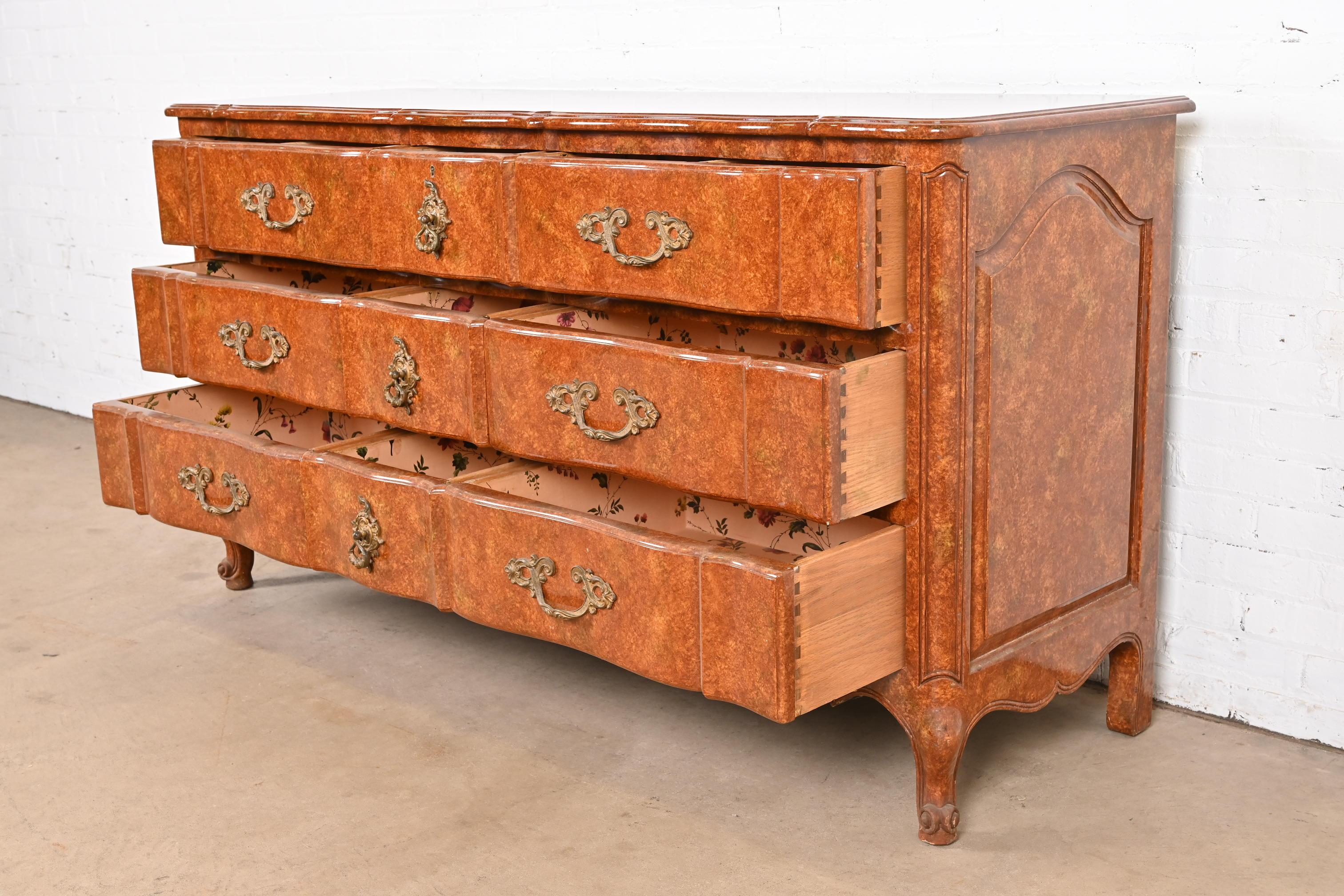 Don Ruseau French Provincial Louis XV Faux Burl Wood Painted Triple Dresser For Sale 2
