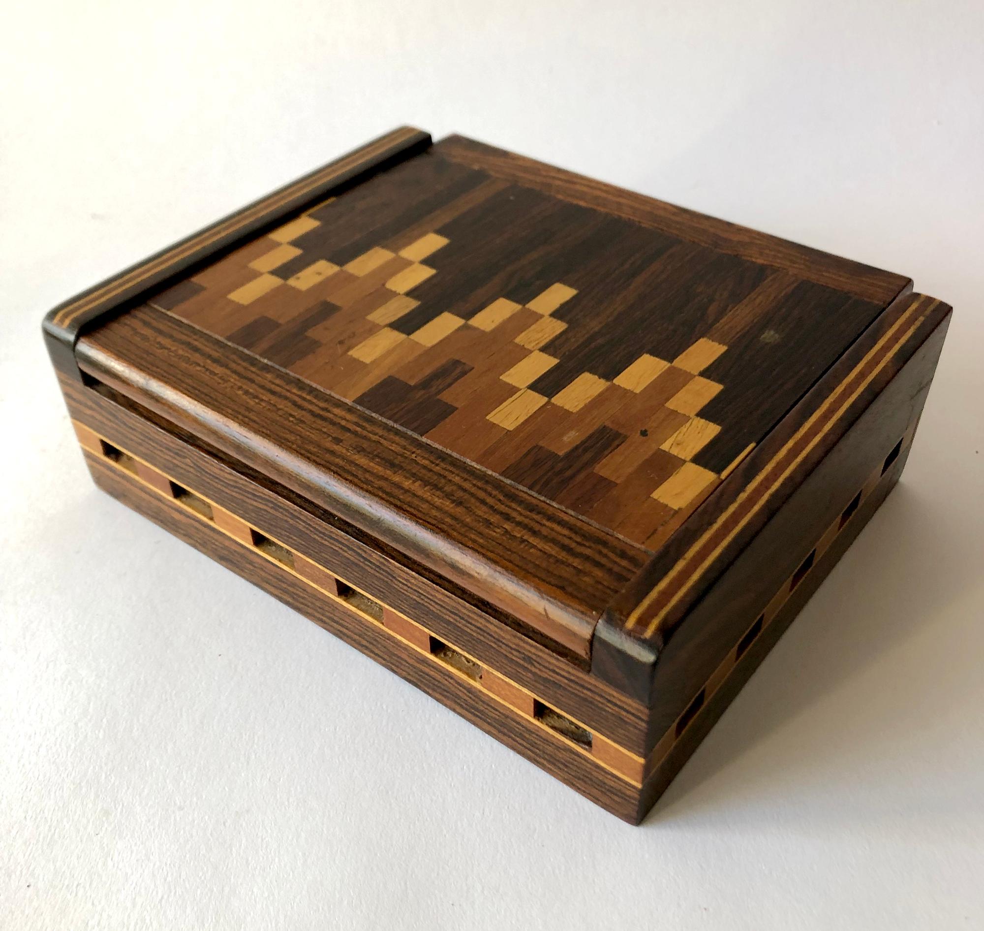Inlaid mixed woods parquetry box created by Don Shoemaker, circa 1960s. Box measures 2.25