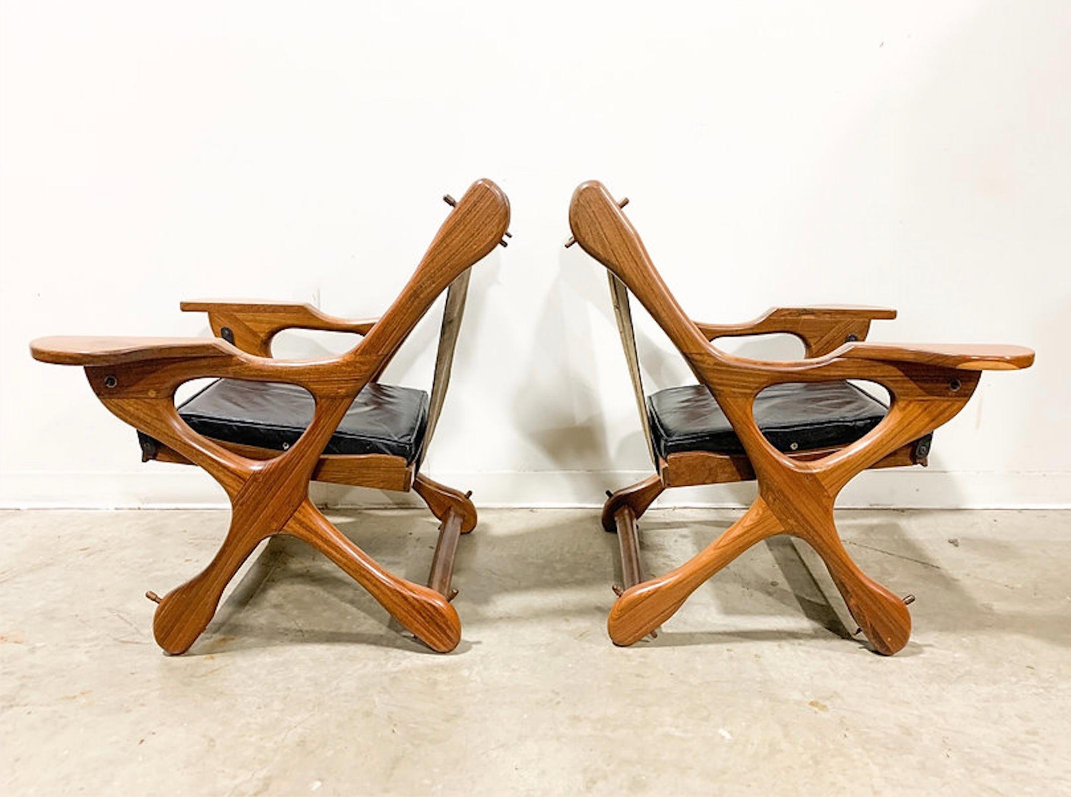 Rare Mexican Modern designs by Don S. Shoemaker featuring organic forms, pegged joinery, and beautiful leather work. The rosewood grain is gorgeous and the chairs are very comfortable allowing you to swing or find the best angle. The suspension