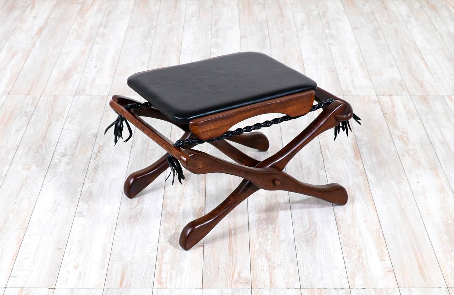 Mid-Century Modern Expertly Restored - Don Shoemaker Folding Leather & Rosewood Stool For Sale