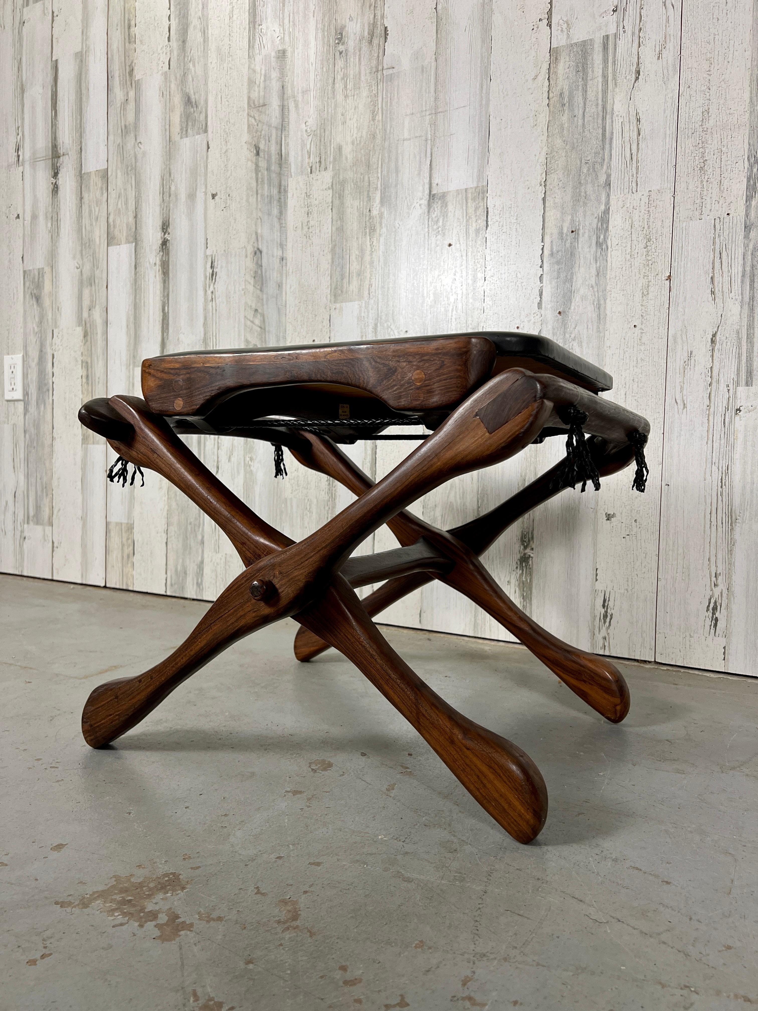 Don Shoemaker Folding Leather & Rosewood Stool for Señal Furniture In Good Condition In Denton, TX
