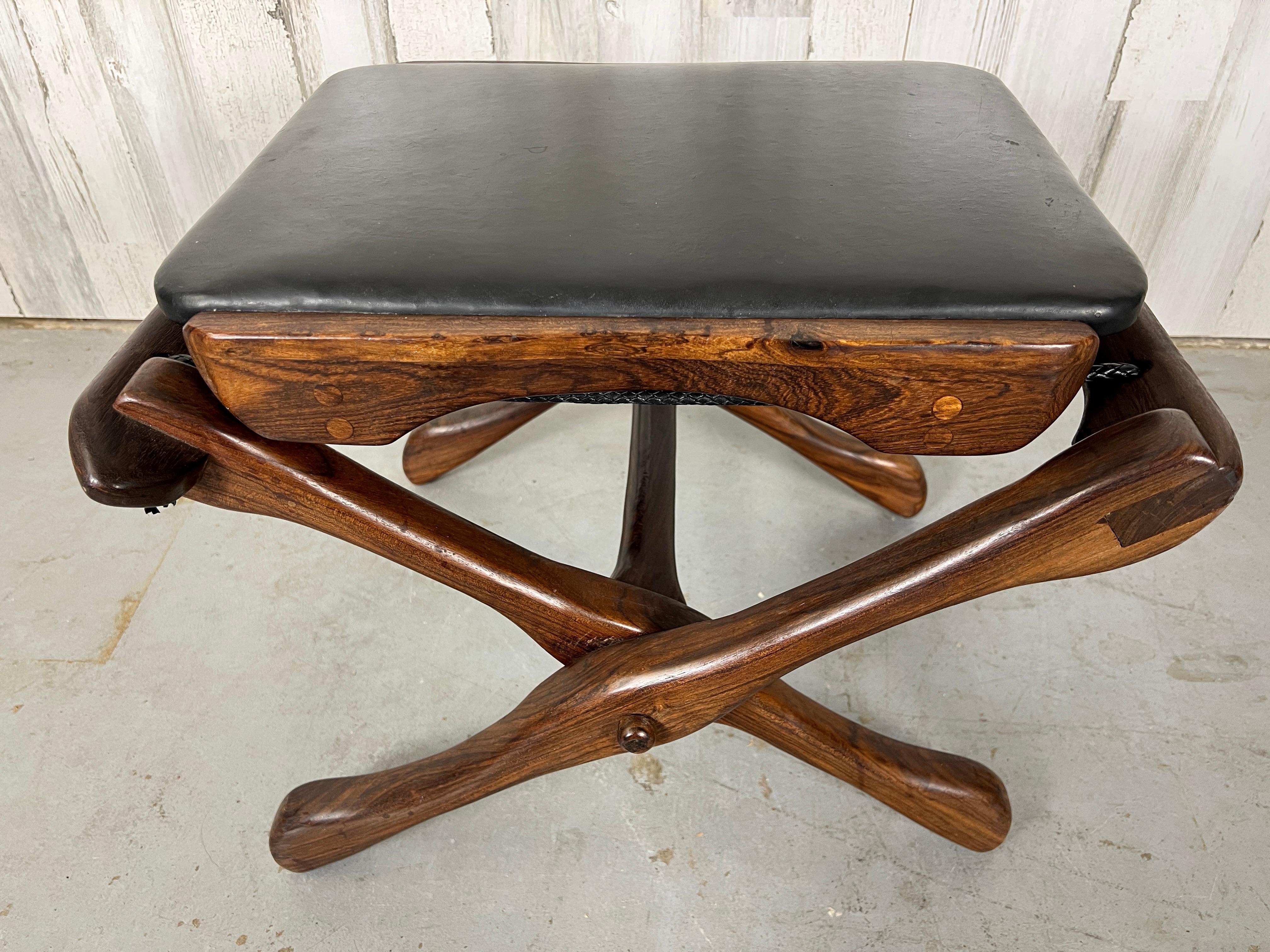 20th Century Don Shoemaker Folding Leather & Rosewood Stool for Señal Furniture