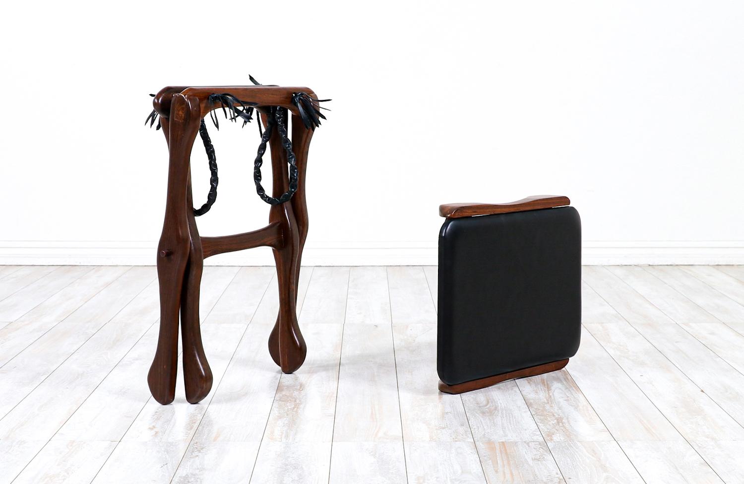 Mid-20th Century Expertly Restored - Don Shoemaker Folding Leather & Rosewood Stool For Sale