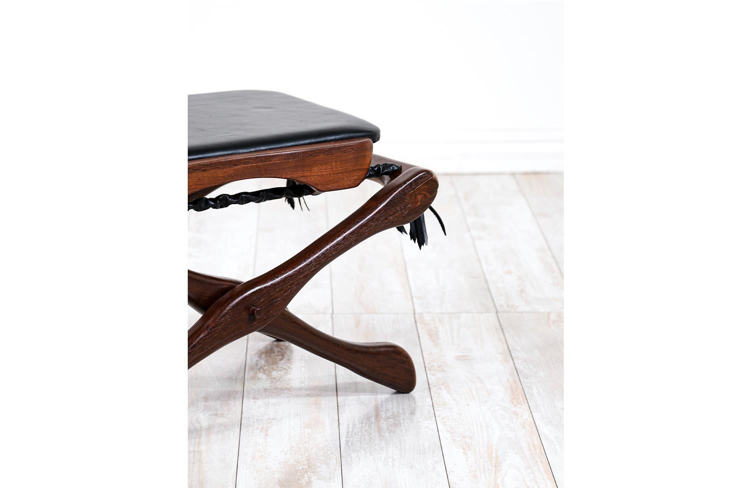 Expertly Restored - Don Shoemaker Folding Leather & Rosewood Stool For Sale 1