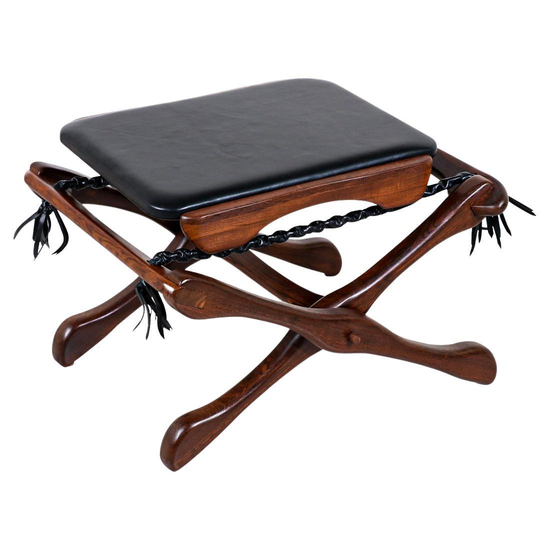 Expertly Restored - Don Shoemaker Folding Leather & Rosewood Stool For Sale