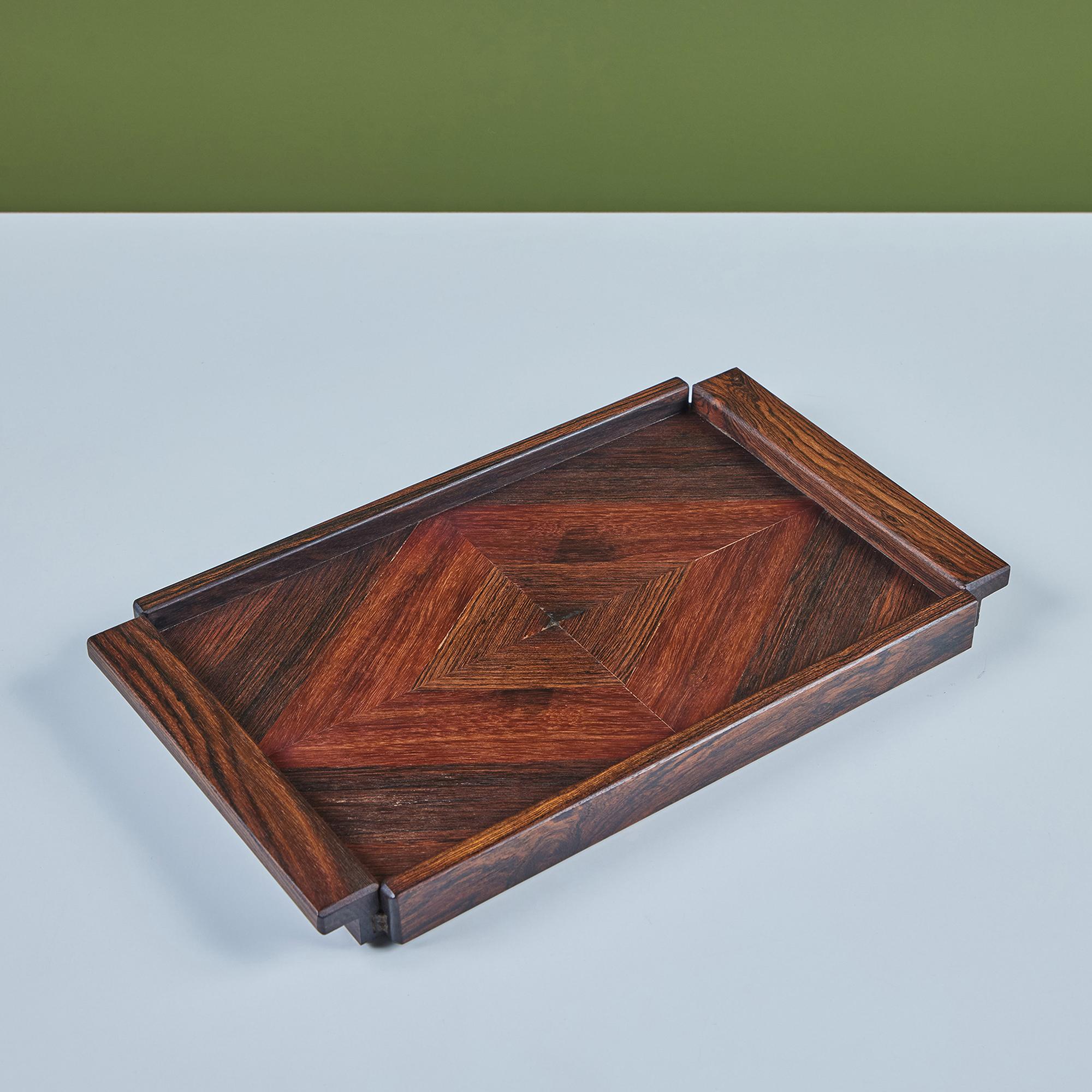 Serving tray by Don Shoemaker for Senal of Mexico. The tray has a dark rosewood frame with integrated handles at either end, and the tray surface is inlaid with precious wood veneer in a diamond pattern. 

CITES Notice: Due to stringent regulations