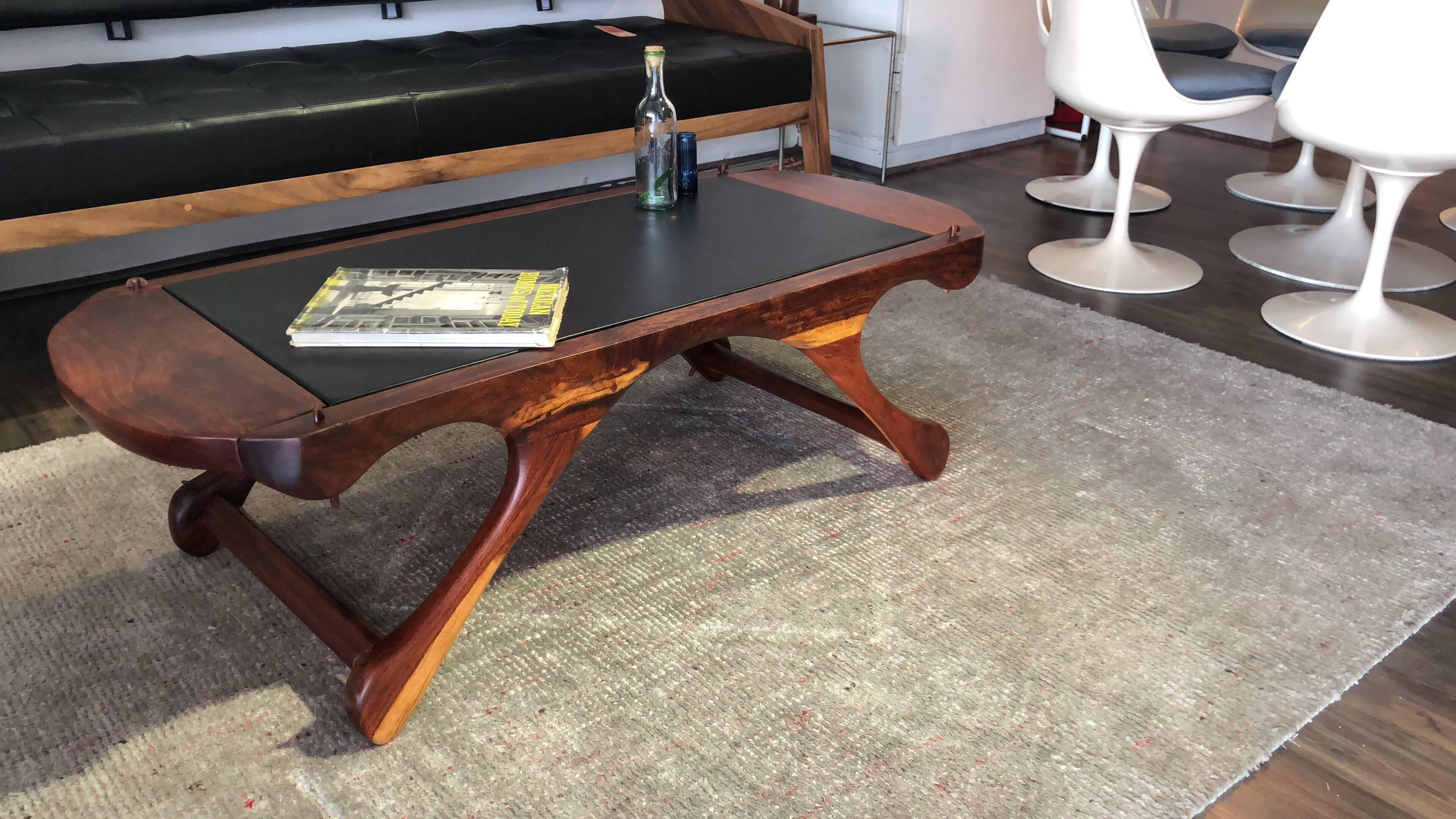 Mexican Don Shoemaker Granadillo Wood and Leather Coffee Table