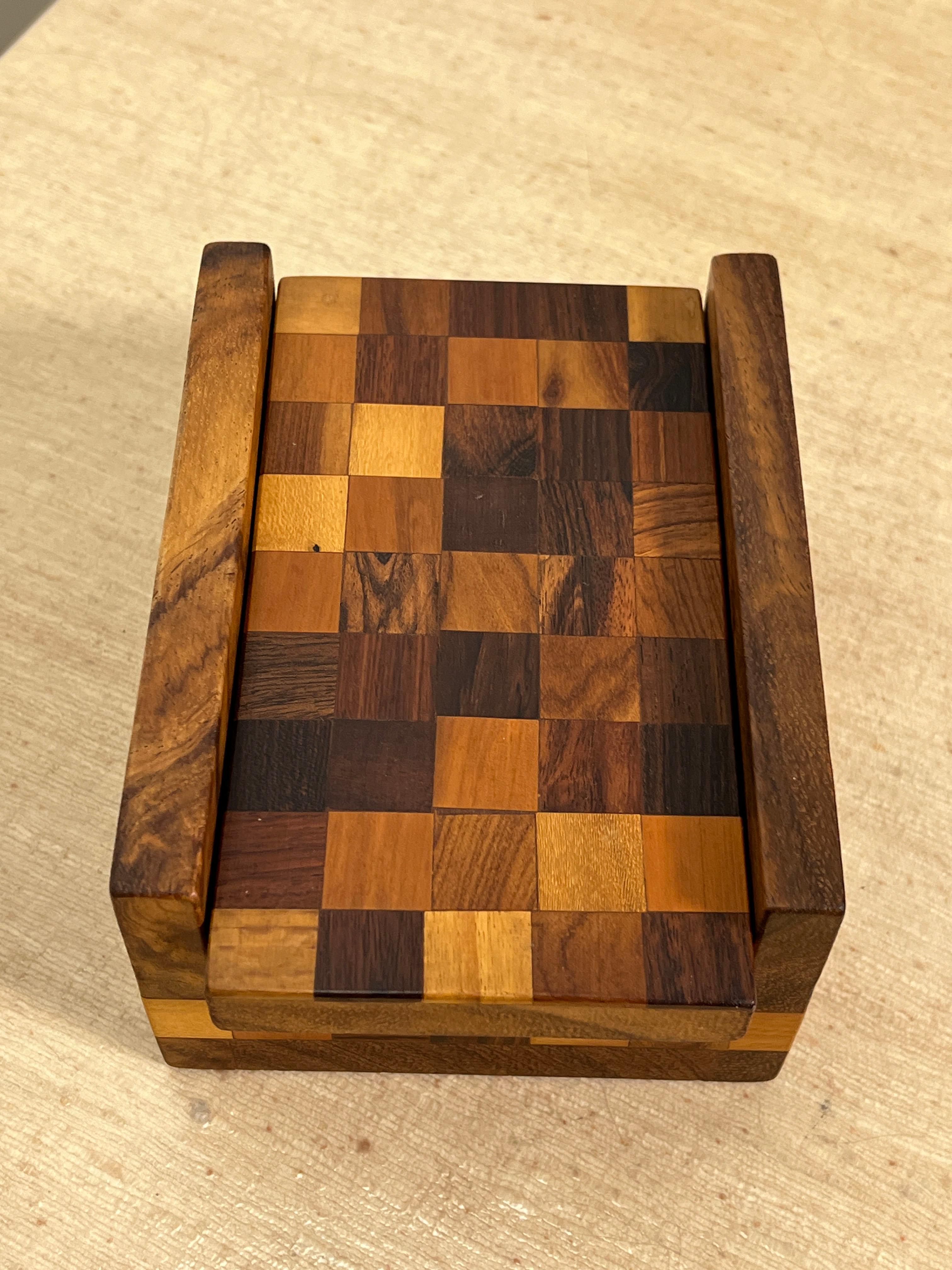 Mixed woods trinket box, including rosewood and Mexican hardwoods such as jacaranda and cocobolo, by Don Shoemaker, Mexico, circa 1960s.