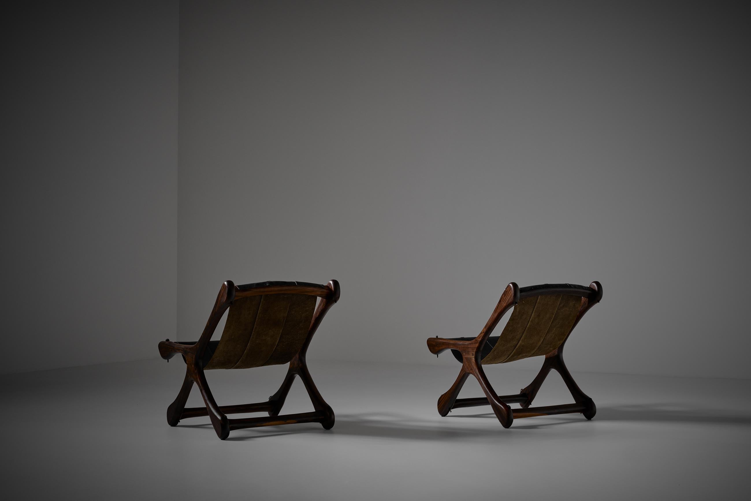 Mexican Don Shoemaker Rosewood and Leather ‘Sloucher’ Chairs, Mexico 1950s For Sale