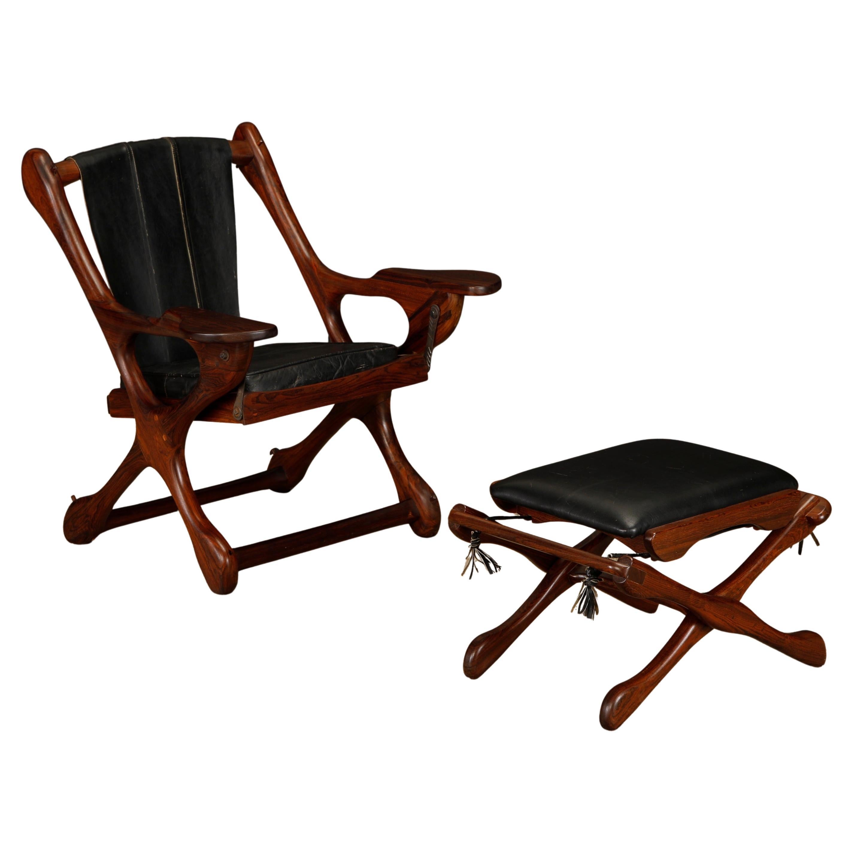 Don Shoemaker Rosewood and Leather 'Swinger' Chair and Ottoman, 1960s, Signed