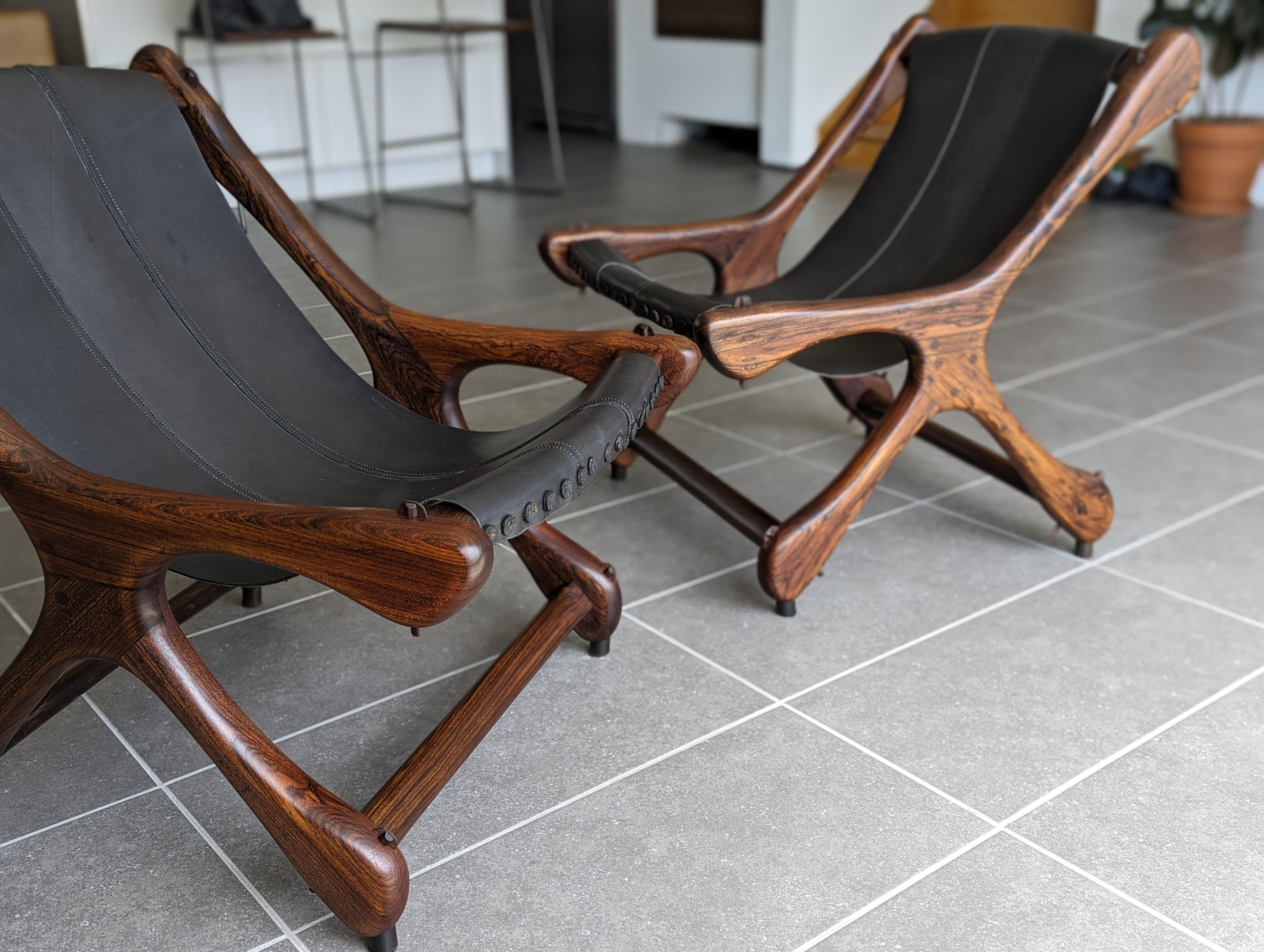Mid-Century Modern Don Shoemaker Sloucher Rosewood & Leather Sling Chairs for Señal, S.A., 1960s For Sale