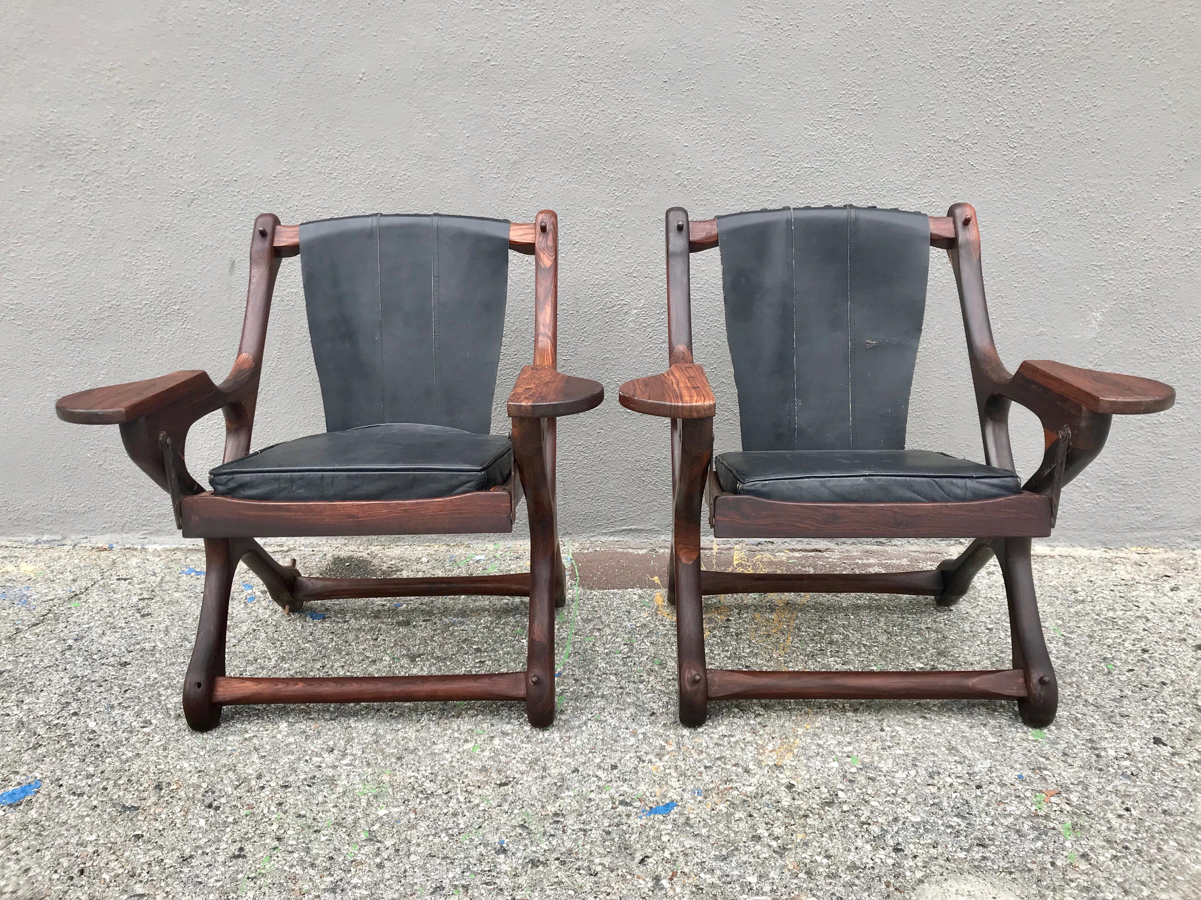 Mexican Don Shoemaker Leather and Wood 'Swing' Chairs, 20th Century