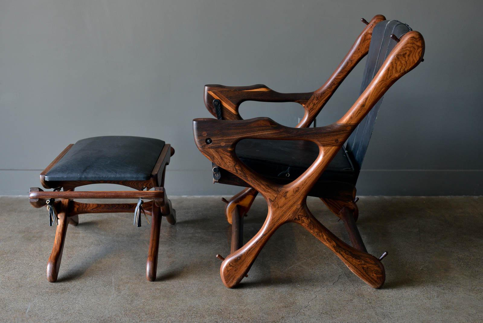 Don Shoemaker 'Swinger' sling chair and ottoman, ca. 1965. Original handmade and signed exotic wood 'swinger' chair by Don Shoemaker with matching ottoman. This particular model is the more rare version with smaller armrests. As seen in this
