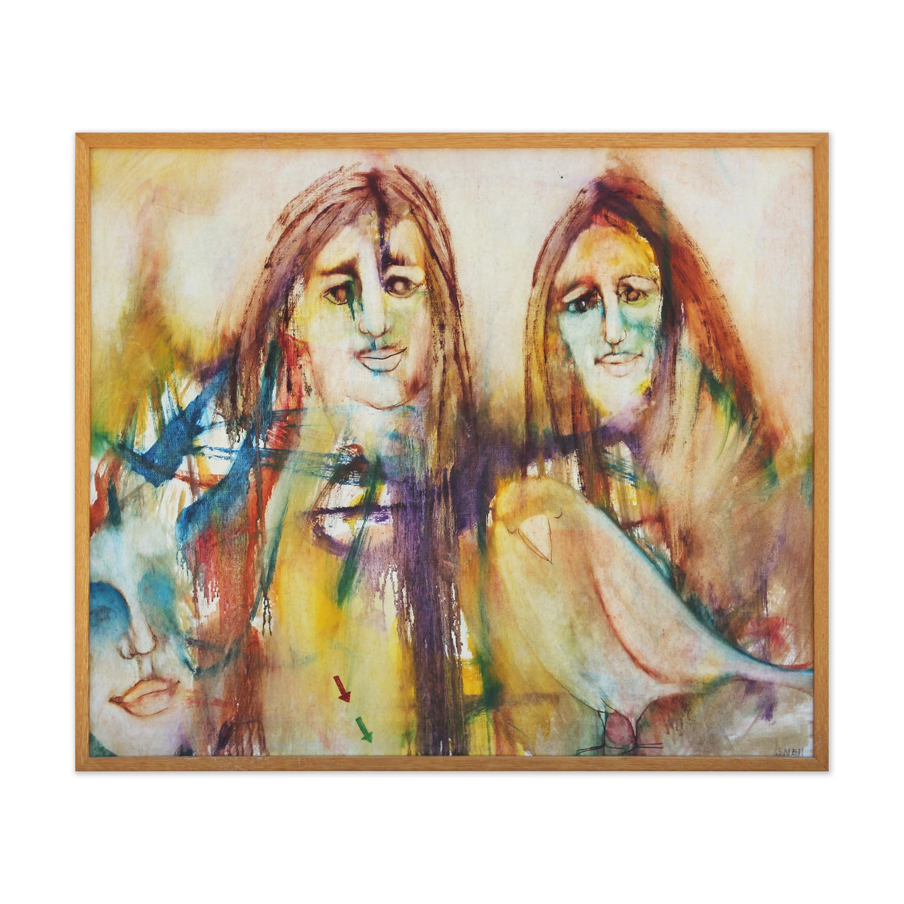 Modernes farbenfrohes abstraktes Gemälde mit drei weiblichen Figuren und einem Vogel – Painting von Don Snell