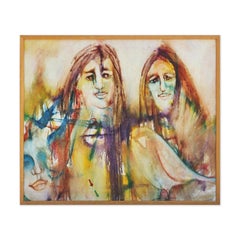 Modern Colorful Abstract Painting of Three Female Figures and a Bird