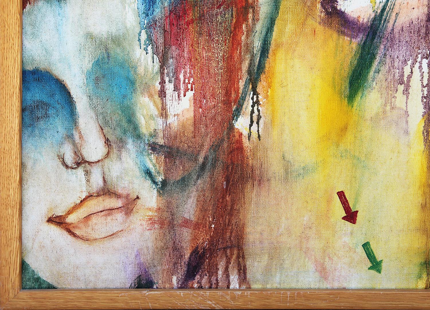 Modern colorful abstract painting by Texas artist Don Snell. The work features two central female figures with a third face entering from the lower left corner. In the right corner, a large bird sits in the foreground. Signed in front lower right