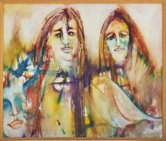 Modern Colorful Abstract Painting of Three Female Figures and a Bird