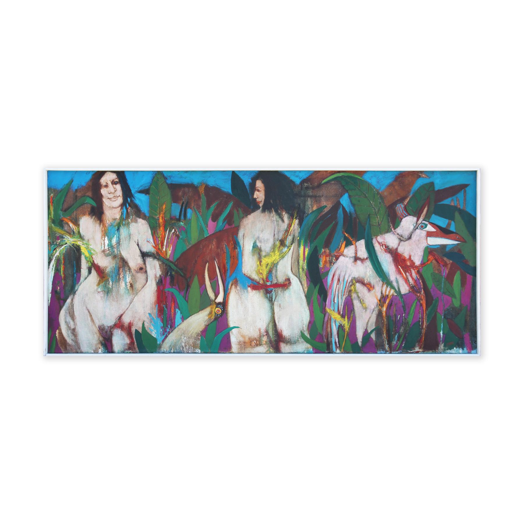 Modernes modernes farbenfrohes tropisches abstraktes Gemälde zweier weiblicher Figuren und eines Tieres – Painting von Don Snell