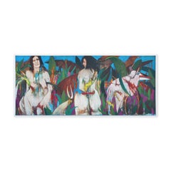 Modern Colorful Tropical Abstract Painting of Two Female Figures and an Animal