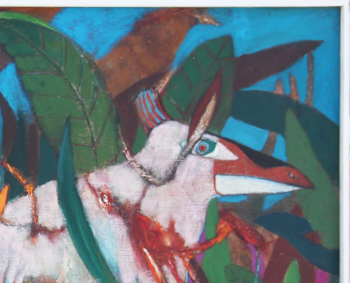 Modernes farbenfrohes abstraktes Gemälde des texanischen Künstlers Don Snell. Das Werk zeigt in der Mitte zwei nackte weibliche Figuren, die neben einem Tier in einer tropischen Landschaft stehen. Signiert rechts unten auf der Vorderseite. Derzeit