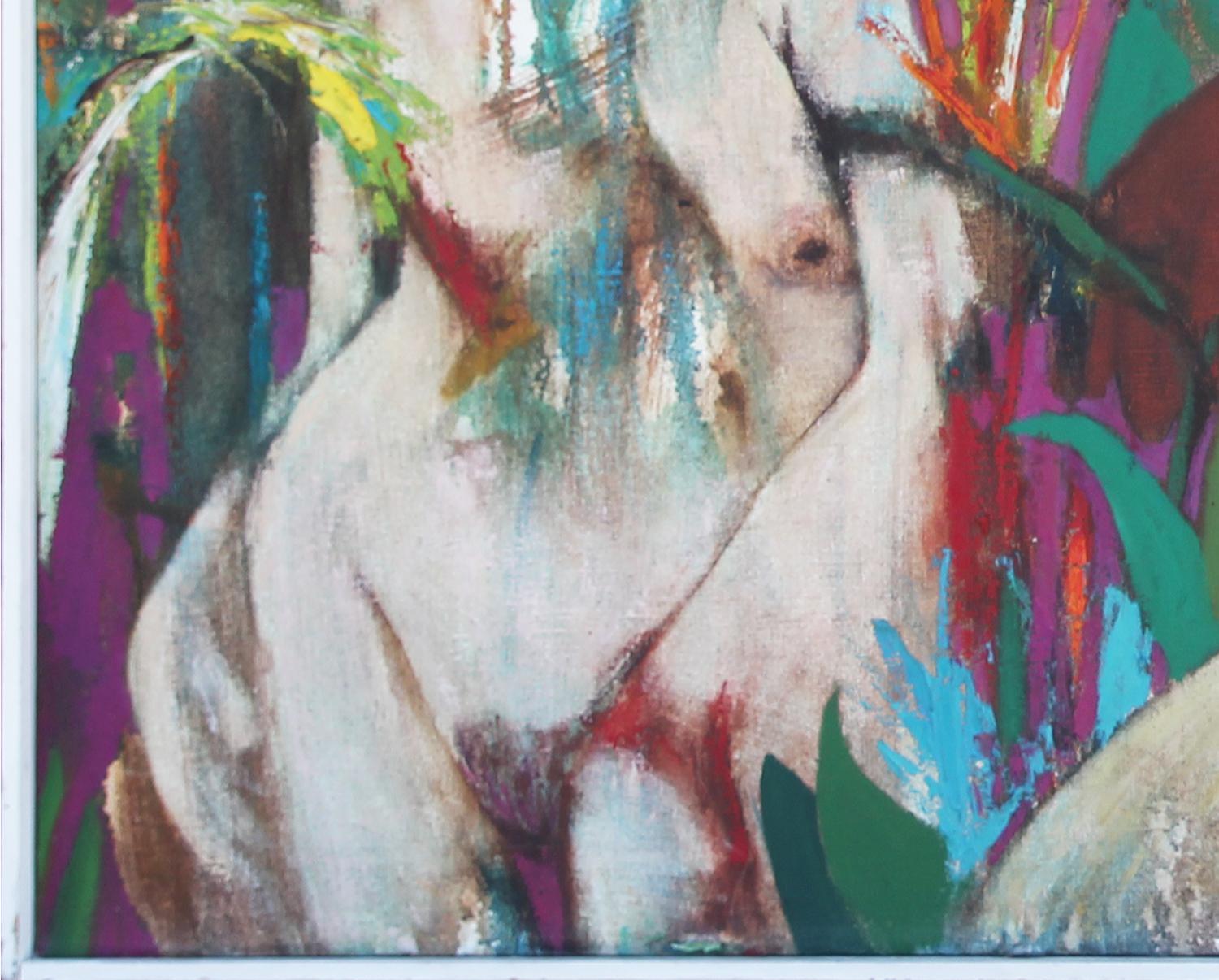 Modern colorful abstract painting by Texas artist Don Snell. The work features two central nude female figures standing next to an animal in a tropical landscape. Signed in front lower right corner. Currently hung in a painted white frame.