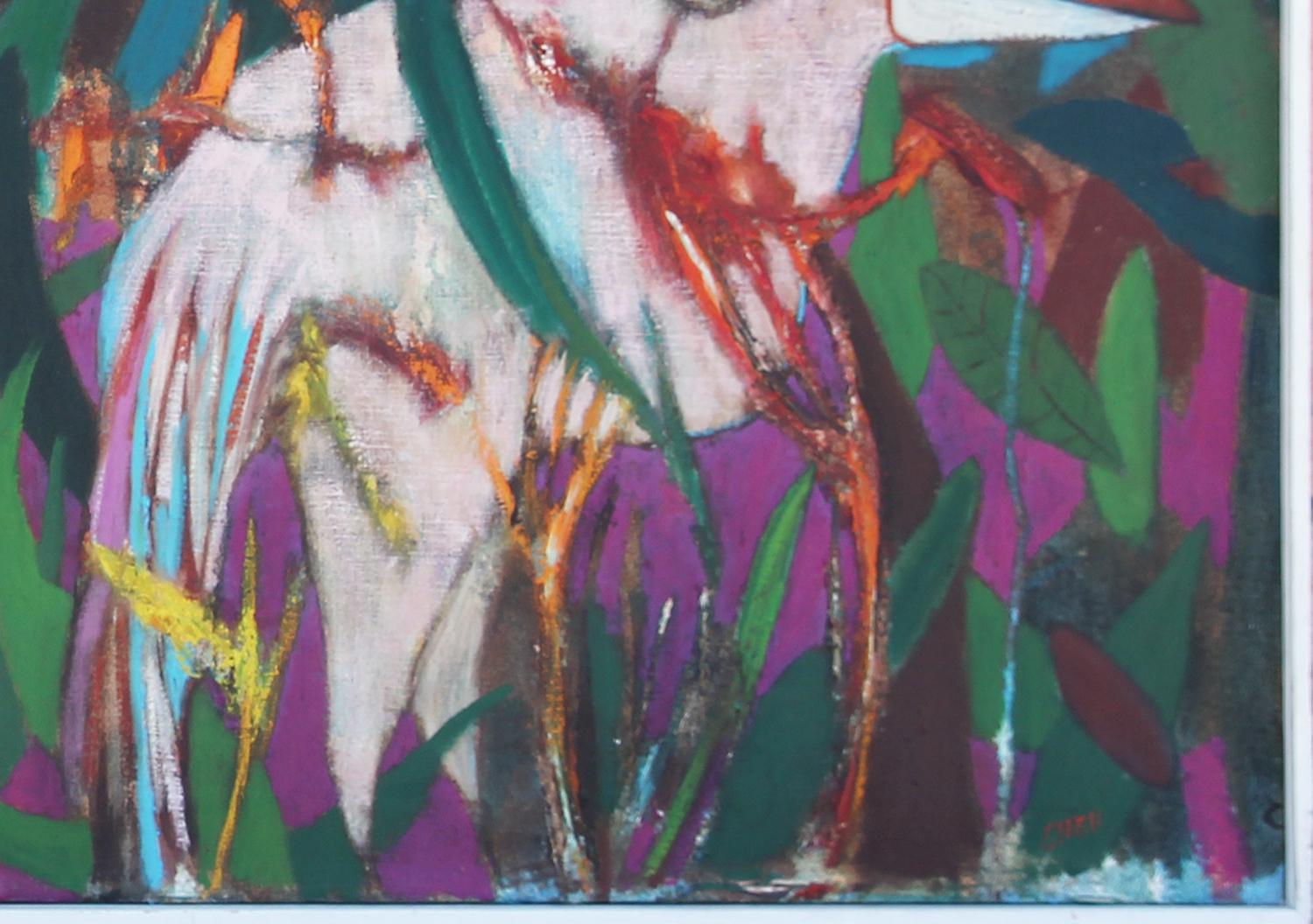 Modern Colorful Tropical Abstract Painting of Two Female Figures and an Animal For Sale 1