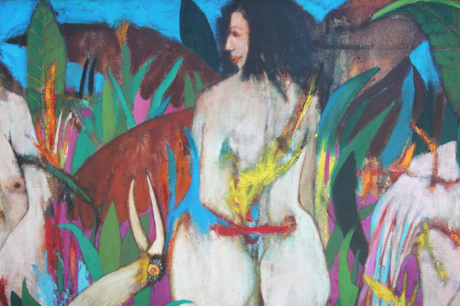 Modernes modernes farbenfrohes tropisches abstraktes Gemälde zweier weiblicher Figuren und eines Tieres im Angebot 3