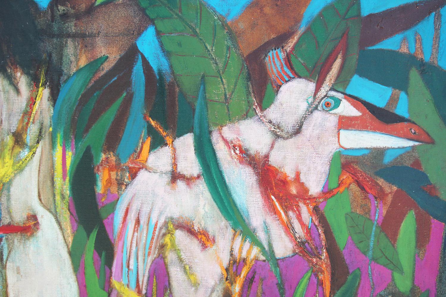 Modernes modernes farbenfrohes tropisches abstraktes Gemälde zweier weiblicher Figuren und eines Tieres im Angebot 4