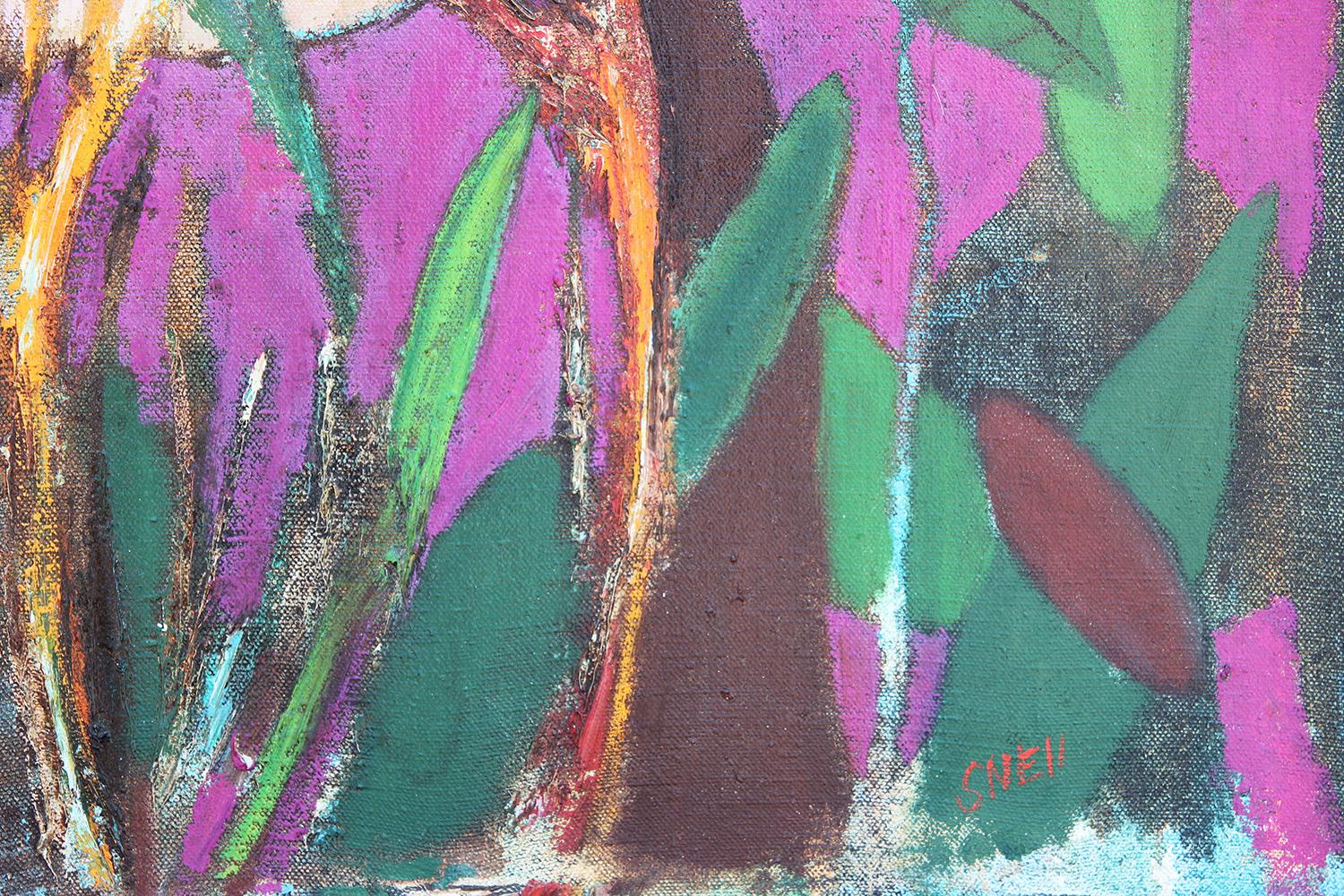 Modernes modernes farbenfrohes tropisches abstraktes Gemälde zweier weiblicher Figuren und eines Tieres im Angebot 5