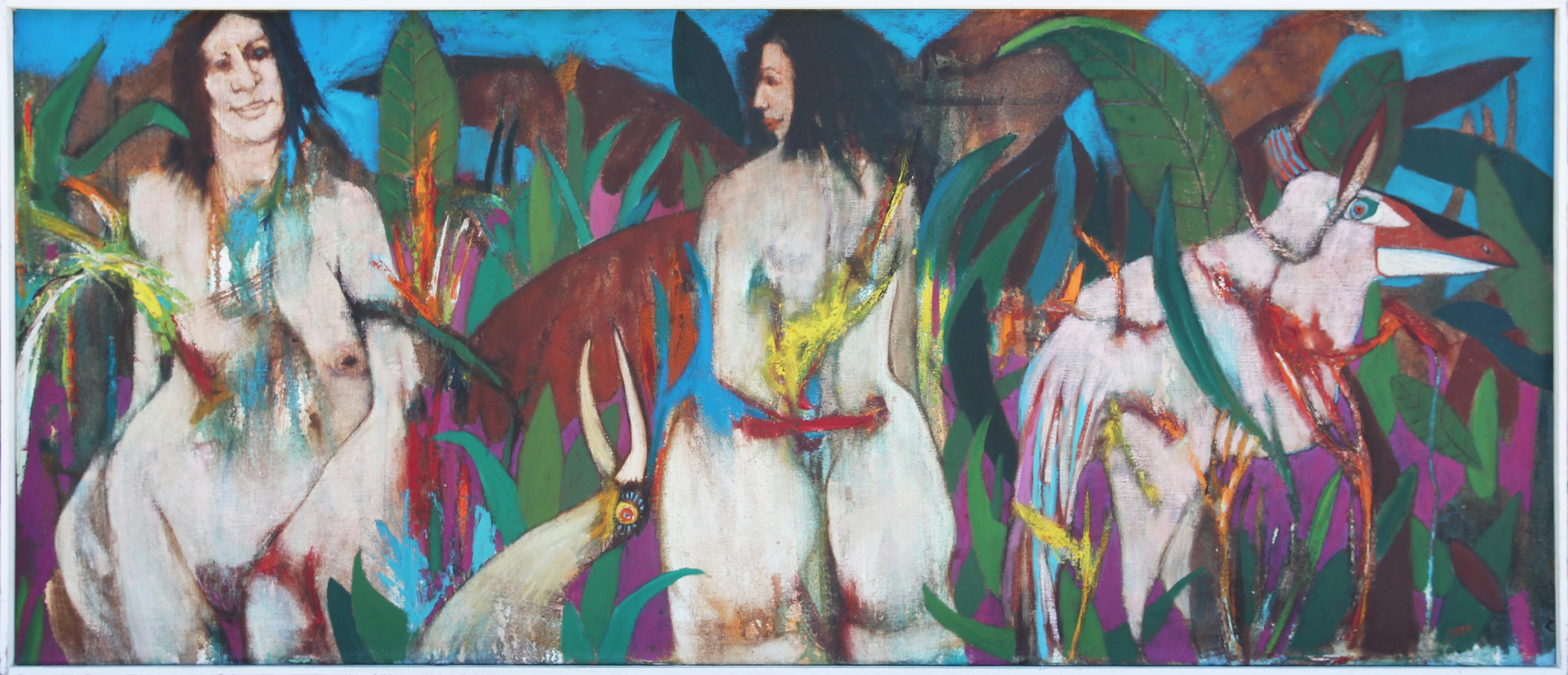 Don Snell Animal Painting – Modernes modernes farbenfrohes tropisches abstraktes Gemälde zweier weiblicher Figuren und eines Tieres