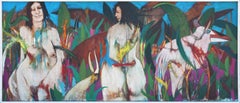 Modern Colorful Tropical Abstract Painting of Two Female Figures and an Animal