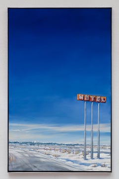 "No Gas, No Lodging, Hwy 76, Roggen, CO" (2024), peinture à l'huile d'un paysage de l'ouest.