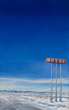 "No Gas, No Lodging, Hwy 76, Roggen, CO" (2024), peinture à l'huile d'un paysage de l'ouest.