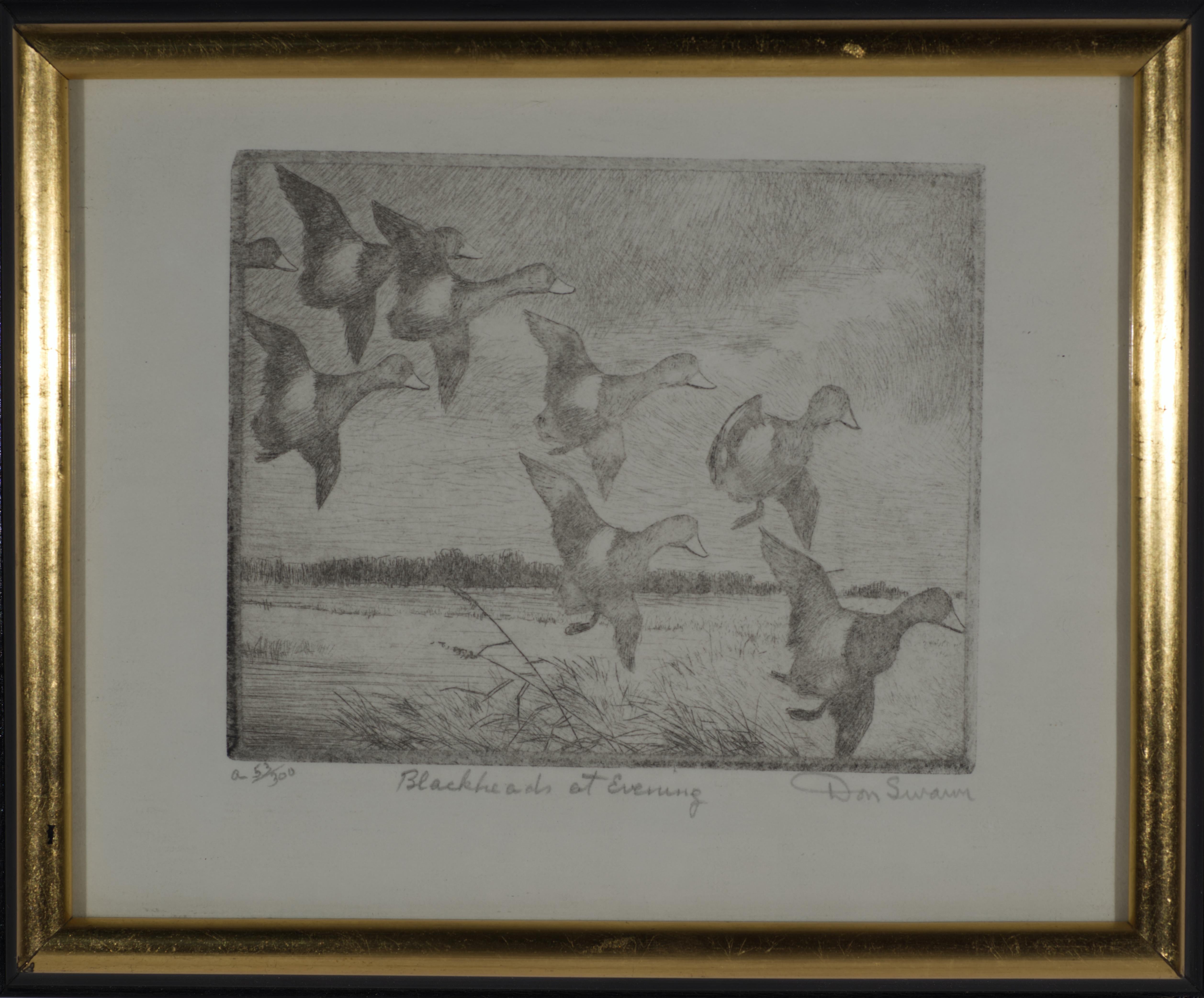  The piece was etched onto copper plates prior to printing a series of 300; this print is 53/300. It has its original black and gold frame; the frame has a minor loss on gold on left side, please refer to pictures. The etching is in very good