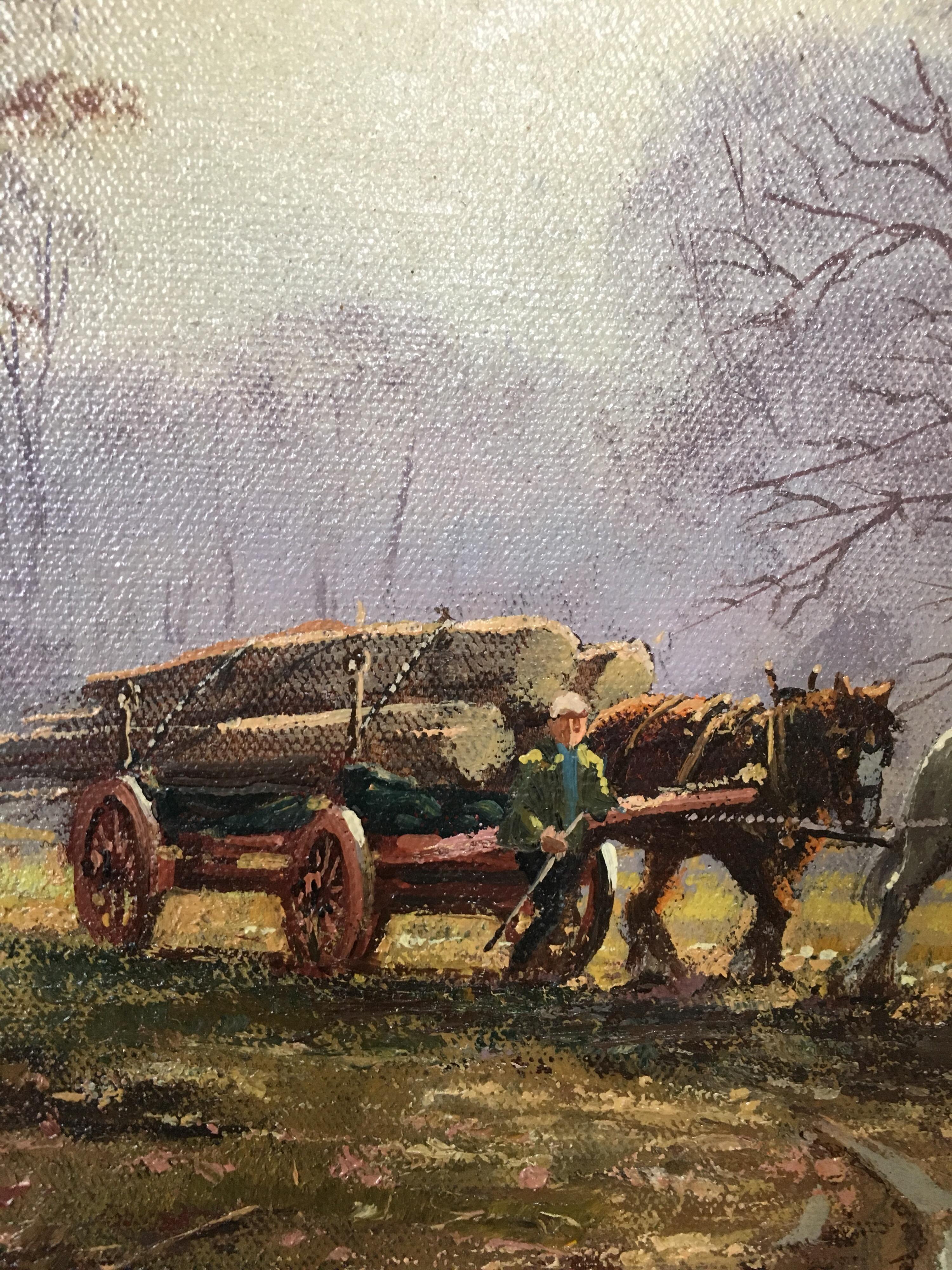 Horse and Cart, Large Impressionist Landscape English Countryside, Signed Oil - Gray Landscape Painting by Don Vaughan