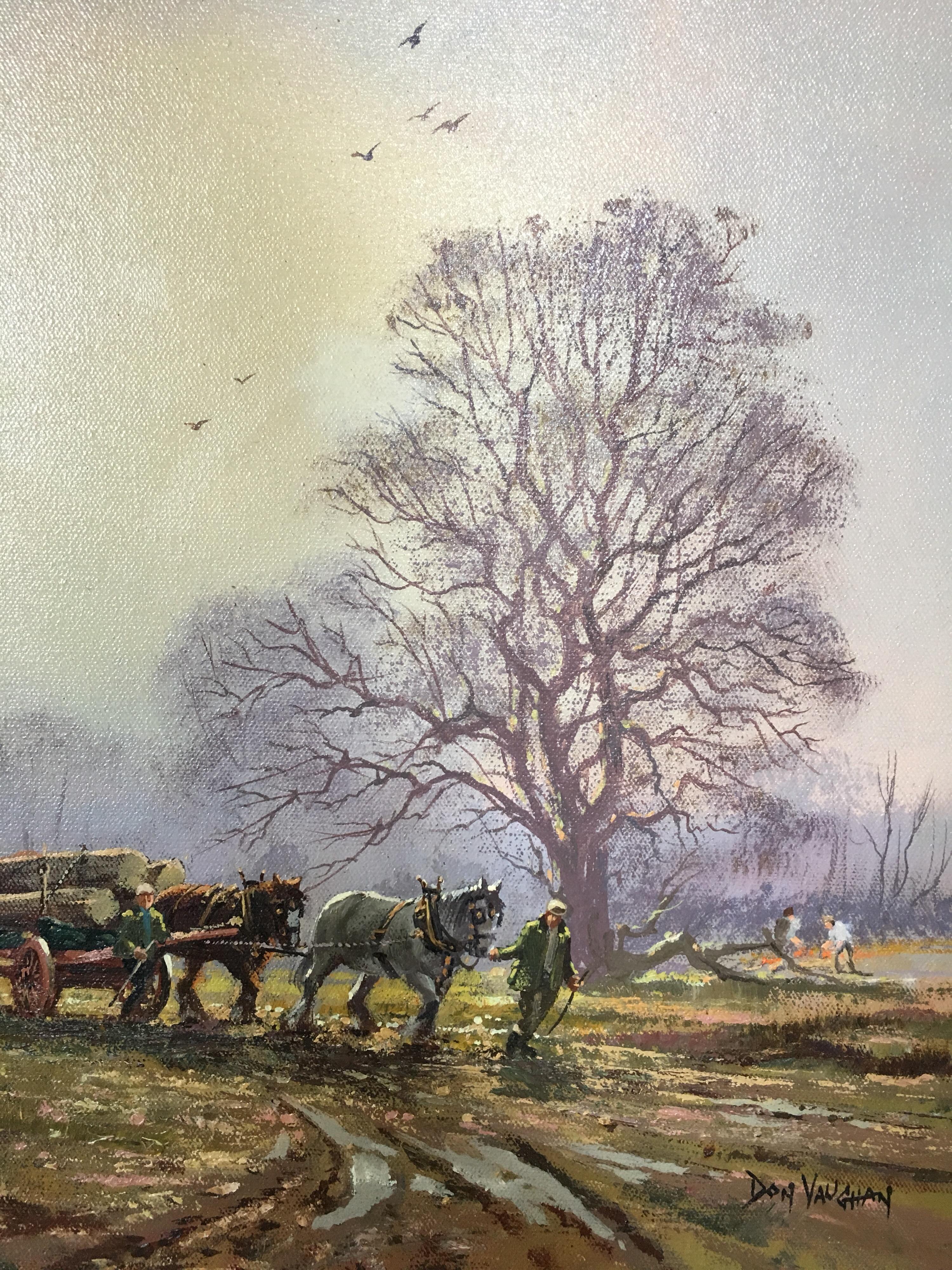 The Logging Team
By Don Vaughan, British artist, 20th Century
Oil painting on canvas, framed
Signed by the artist on the lower right hand corner
Frame size: 21 x 29 inches

Fine large scale English river landscape signed oil painting by Don Vaughan.