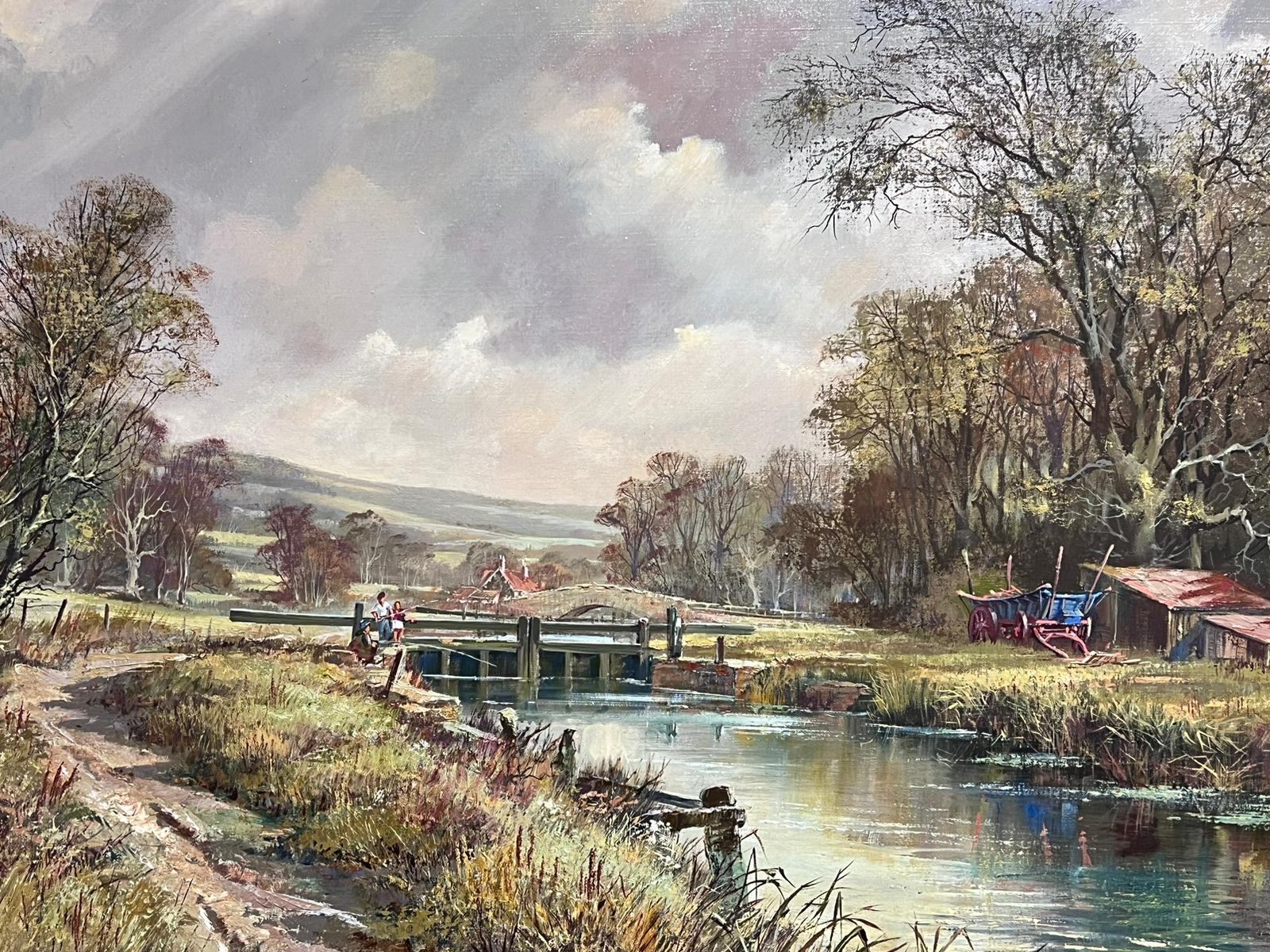 Enorme olio tradizionale britannico Paesaggio del canale fluviale Bambini che pescano alla chiusa 7