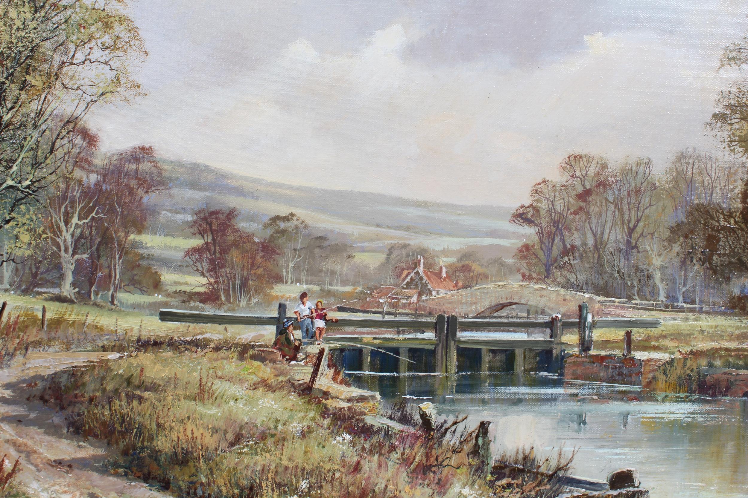 Huge British Traditional Oil River Canal Landscape Children Fishing at the Lock - Painting by Don Vaughan