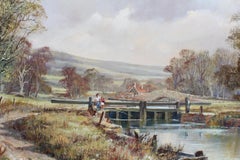 Huge British Traditional Oil River Canal Landscape Children Fishing at the Lock