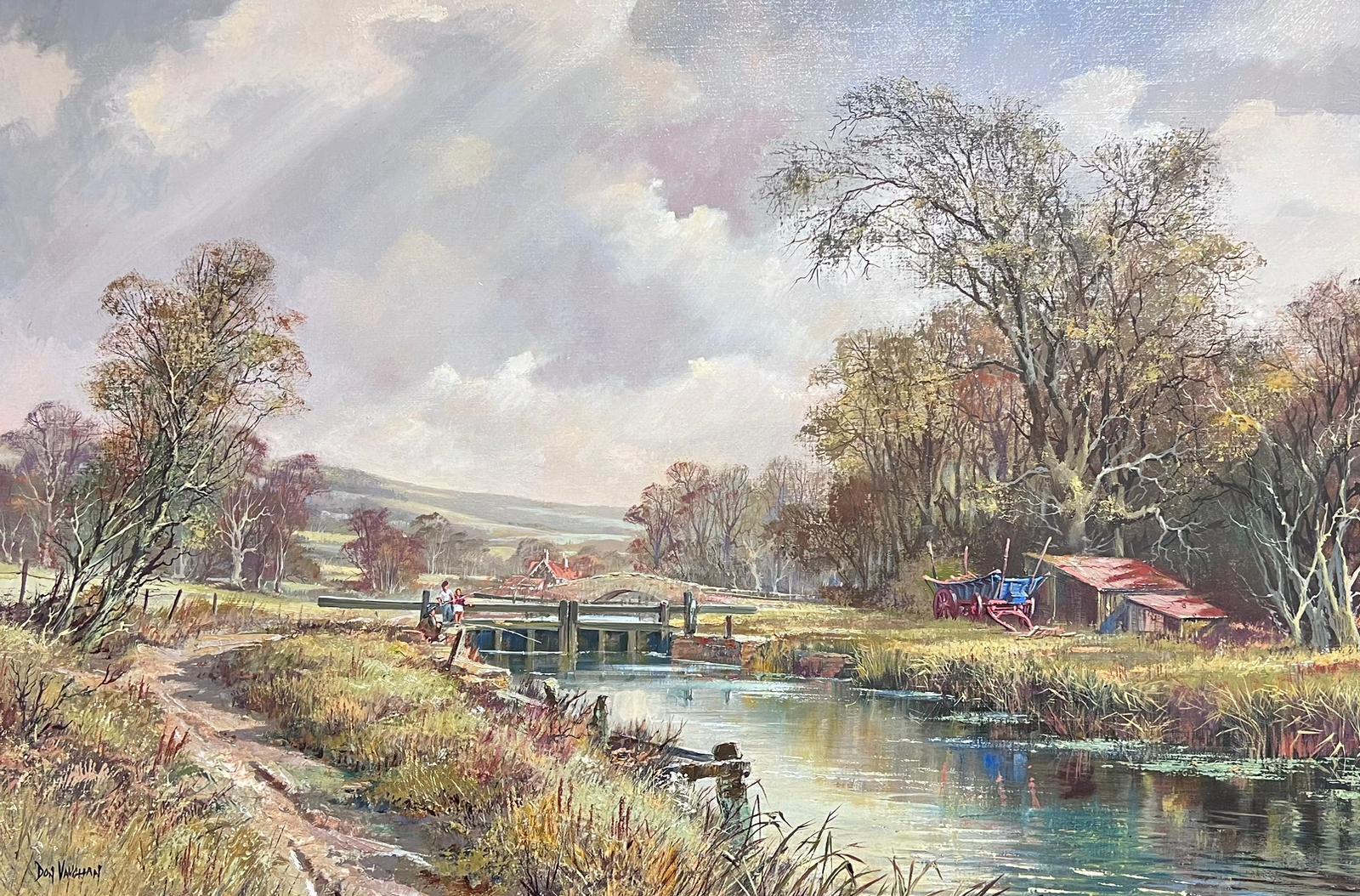 Enorme olio tradizionale britannico Paesaggio del canale fluviale Bambini che pescano alla chiusa - Painting Vittoriano di Don Vaughan