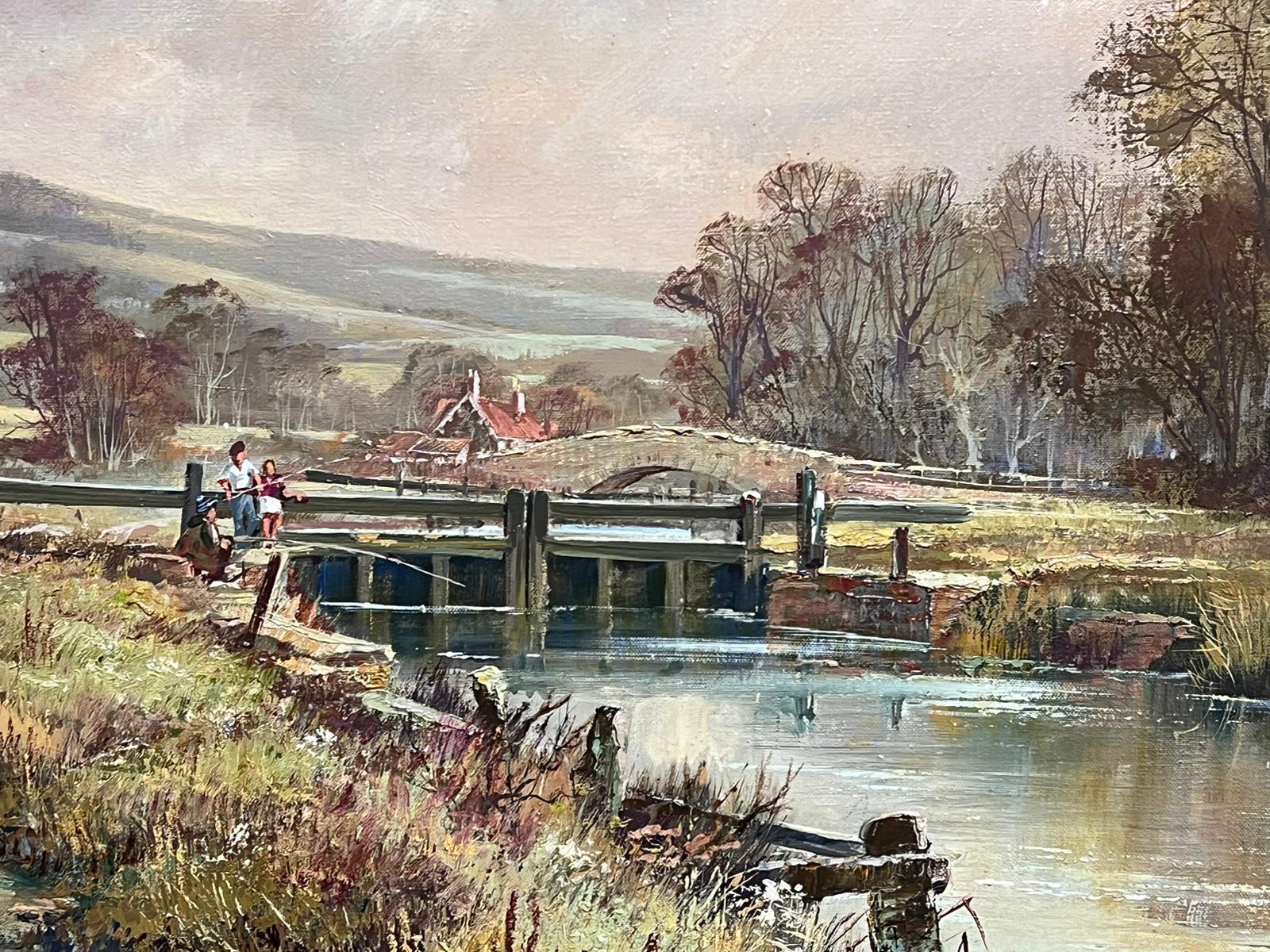 Enorme olio tradizionale britannico Paesaggio del canale fluviale Bambini che pescano alla chiusa 4