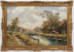 Huge British Traditional Oil River Canal Landscape Children Fishing at the Lock