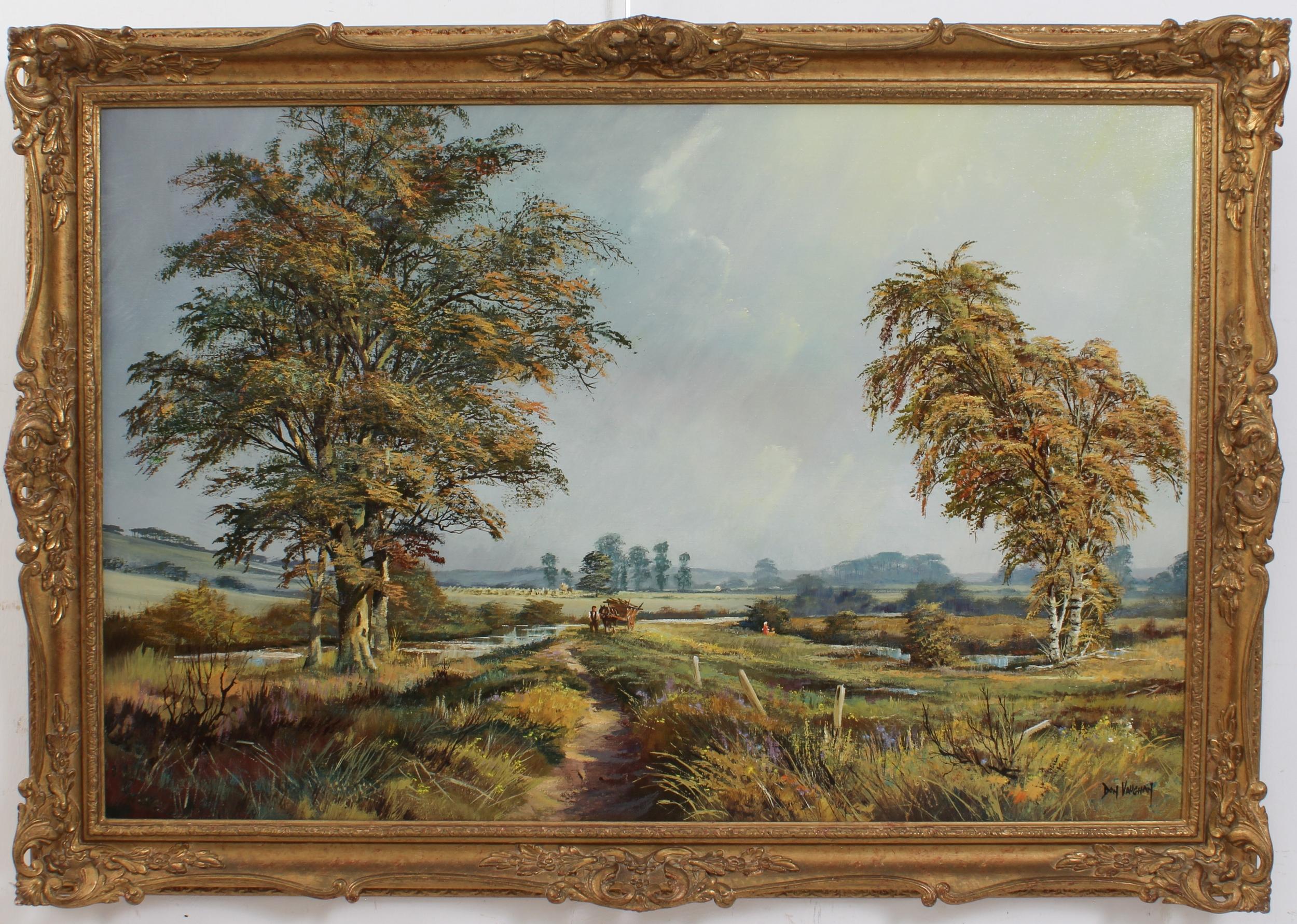 Don Vaughan Landscape Painting - Huge Traditional English Oil Countryside Landscape Horse & Cart Summer Meadows